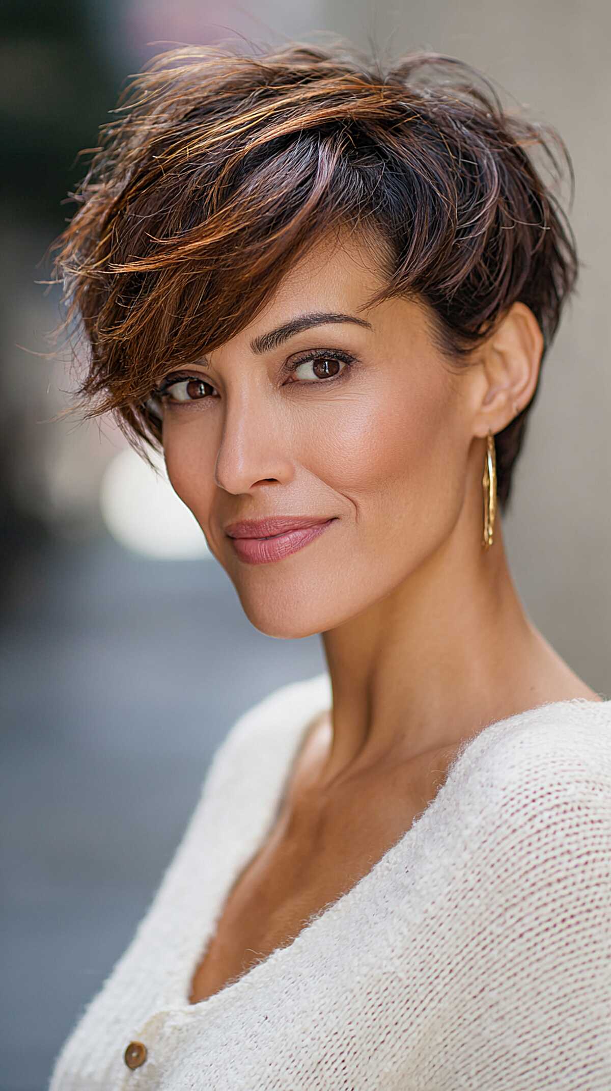 Tousled Brunette Pixie with Copper Highlights