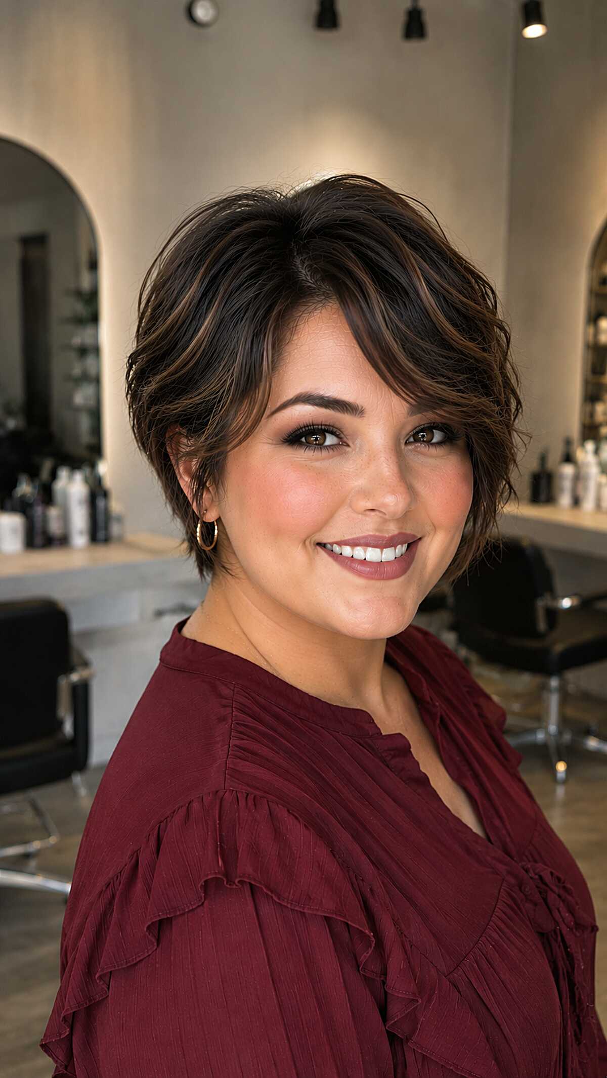 Tousled chocolate brown wavy bob with face-framing layers