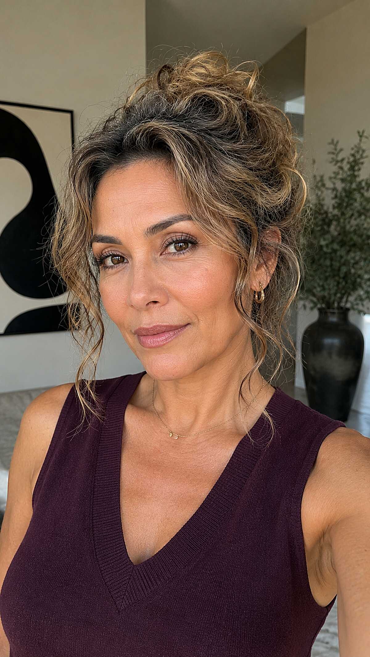Tousled Honey-Lit Curly Pile with Wispy Fallout