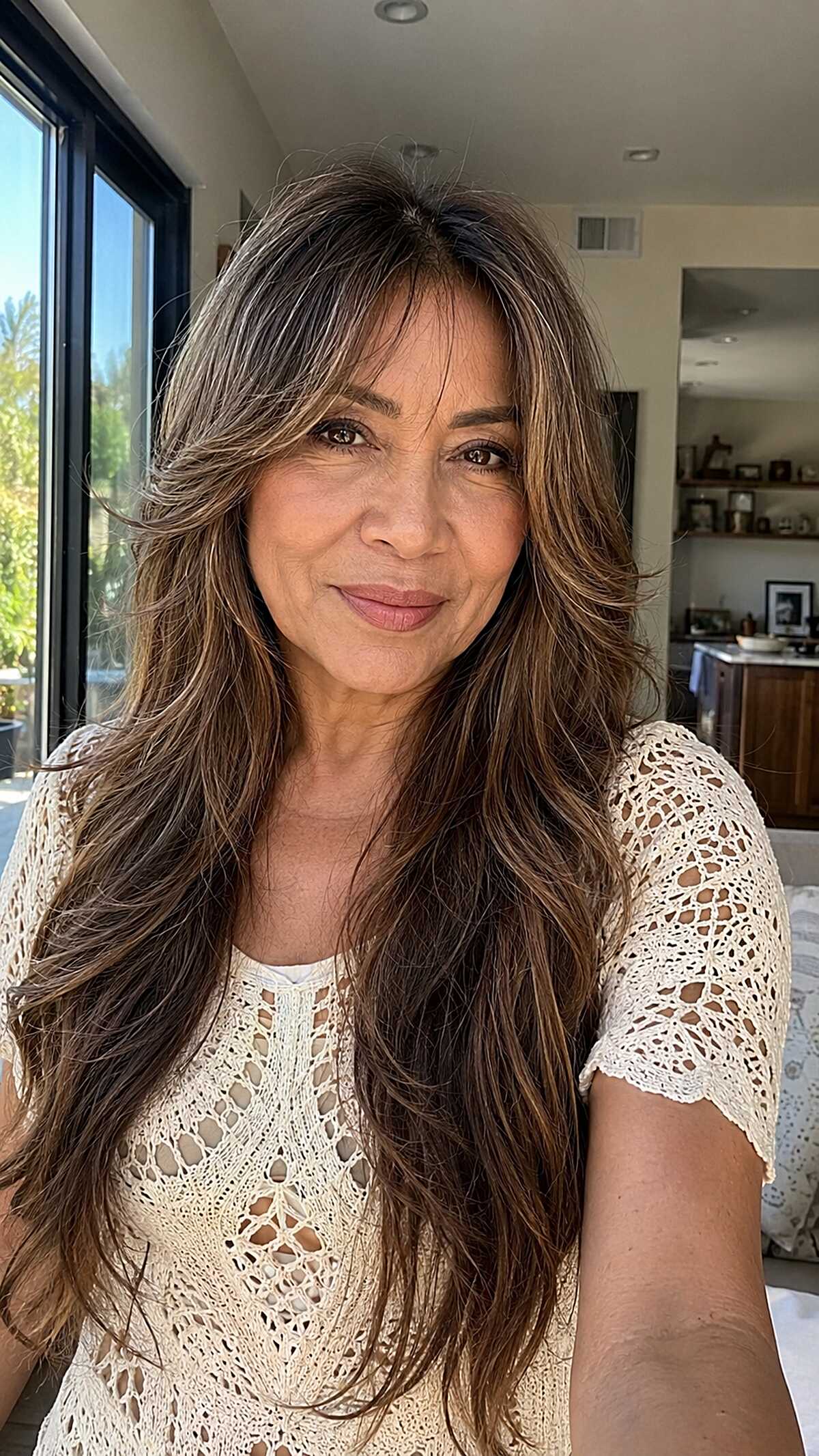 Tousled Long Layers with Face-Framing Fringe in Rich Brunette