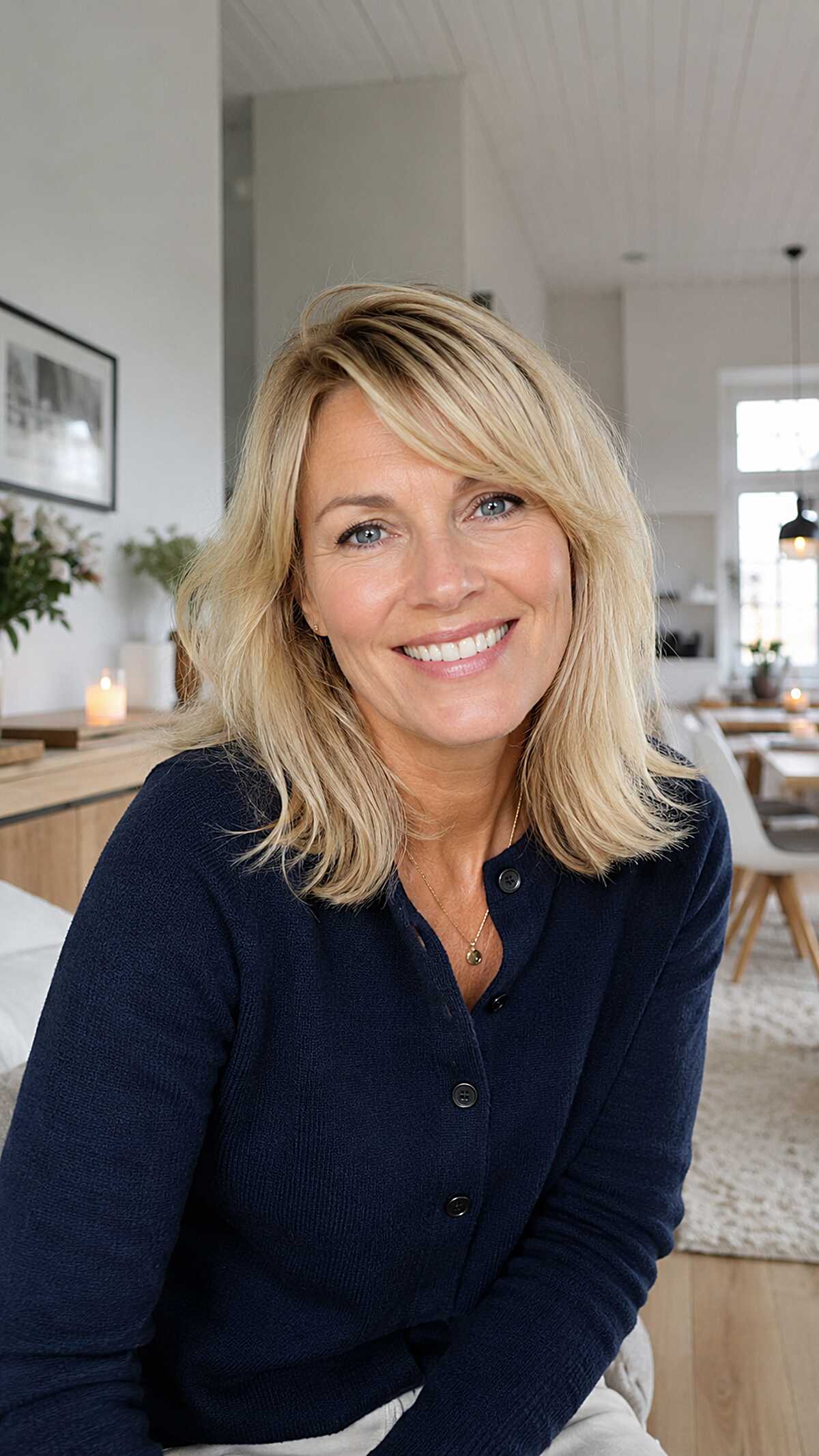 Warm Blonde Collarbone Layers with a Swept Side Fringe