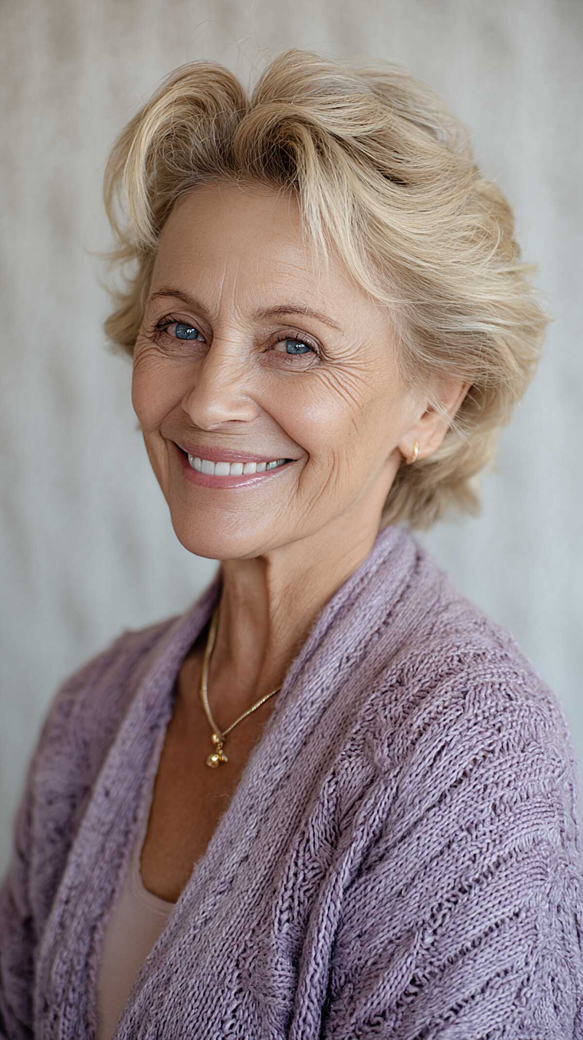 Warm Blonde Ear-to-Chin Layered Cut with Lifted Crown Movement