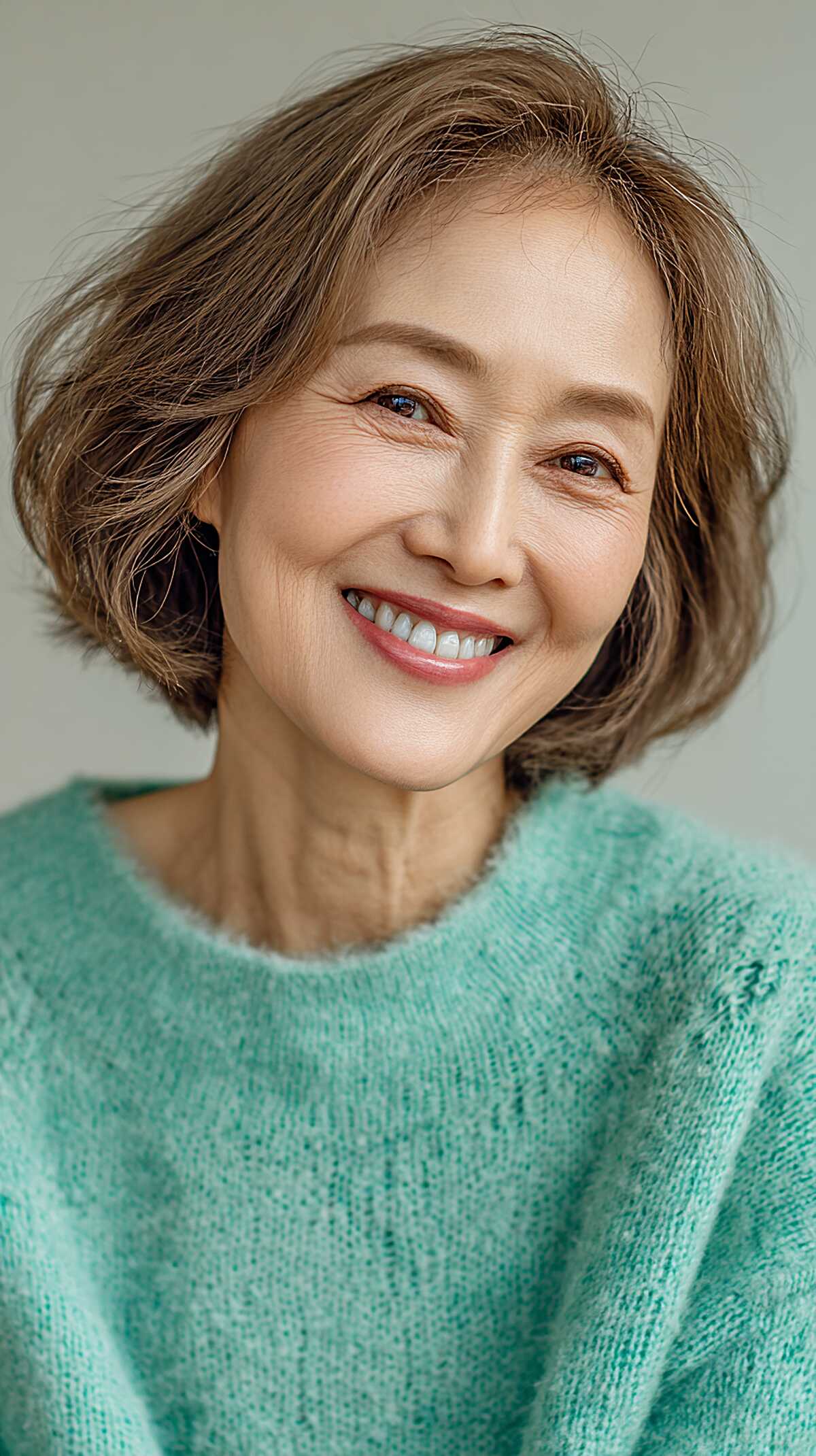 Warm Brunette Chin-Length Bob with Loose Bend and Natural Volume