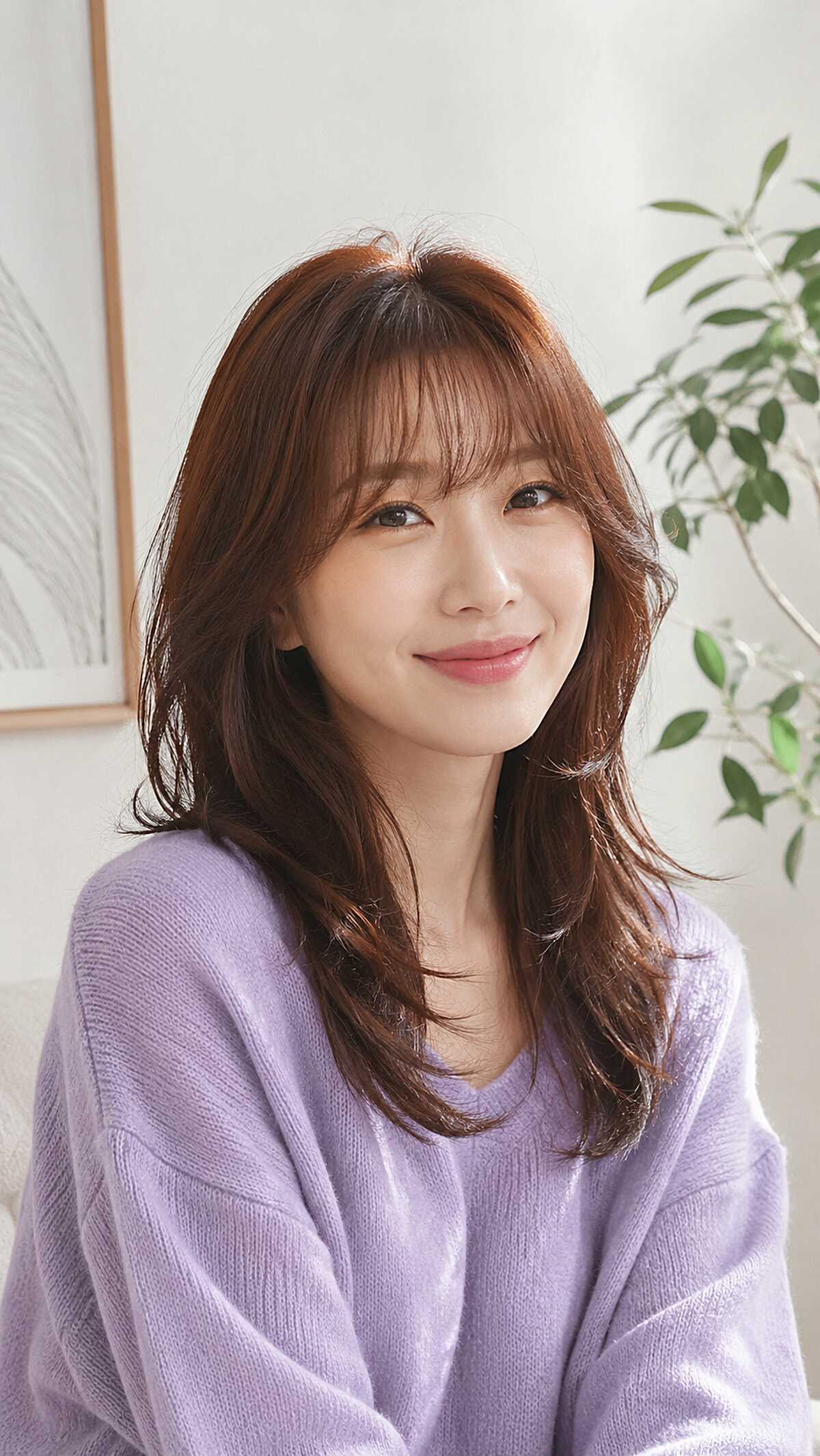 Warm Chestnut Layered Cut with Airy Korean Bangs