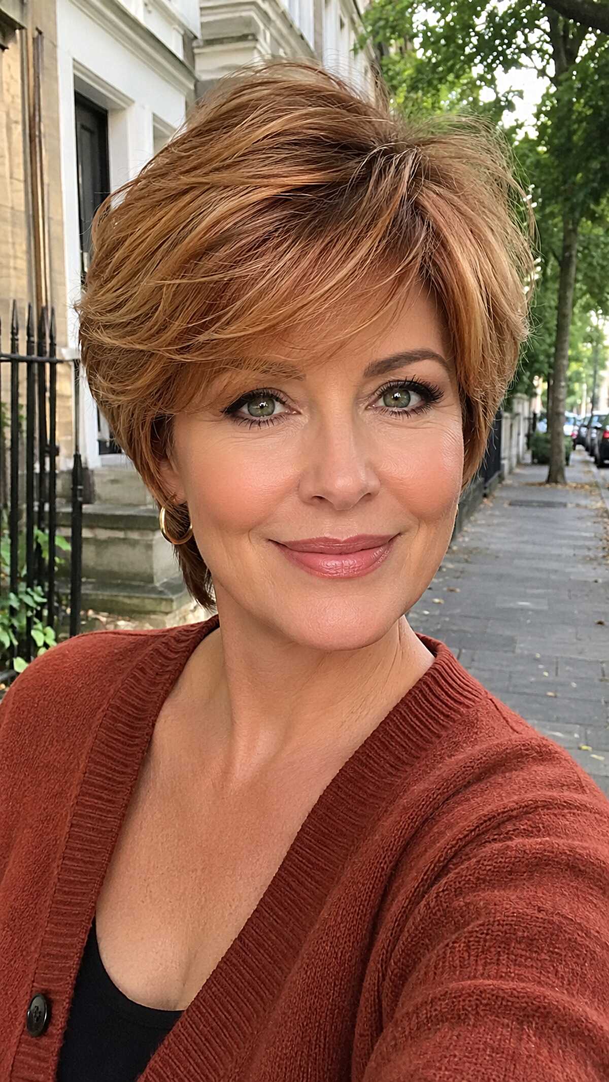 Warm Copper Long Pixie with Layered Crown Lift