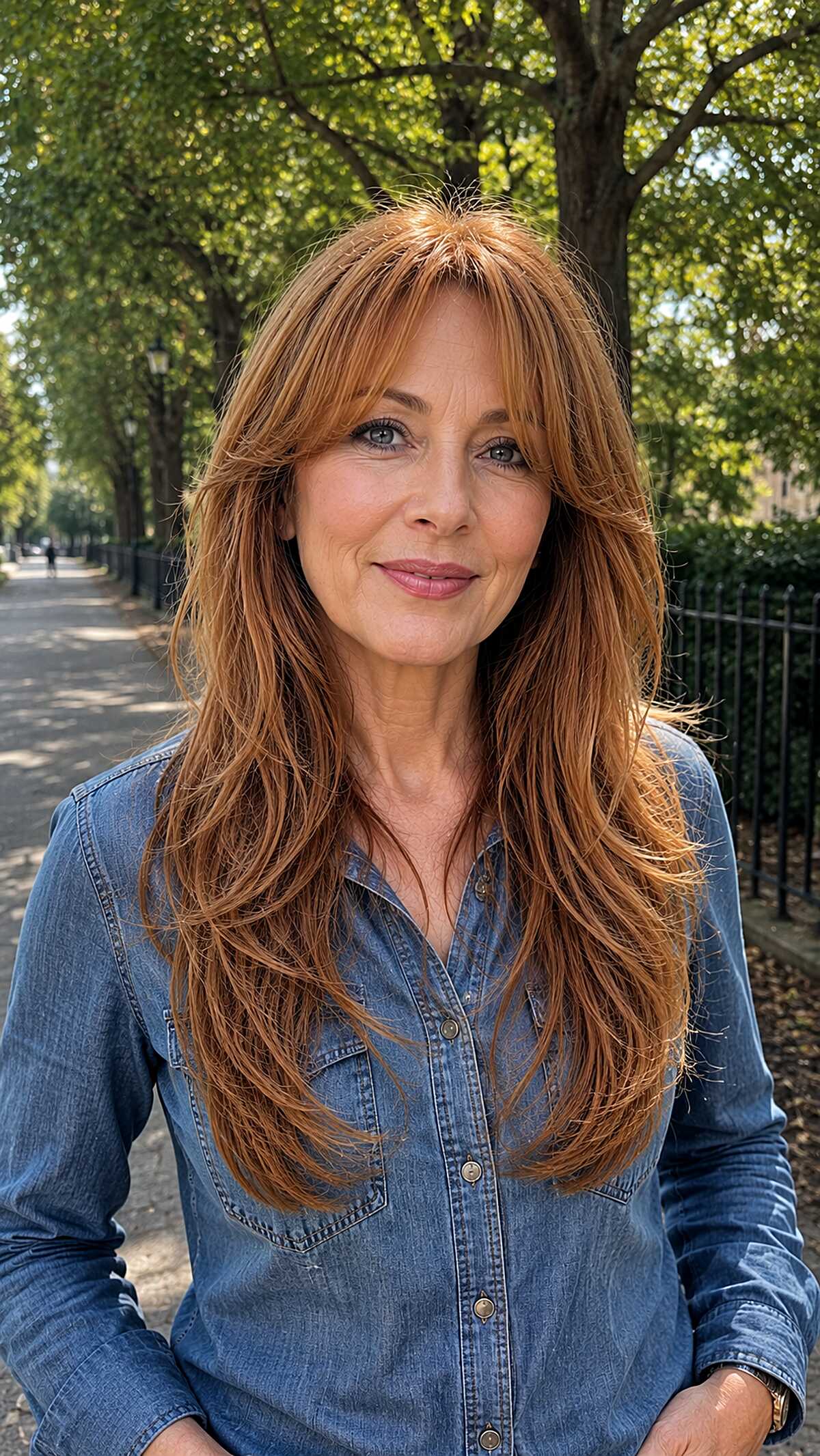 Warm Copper Redhead with Razored Face-Framing and Sheer Bangs