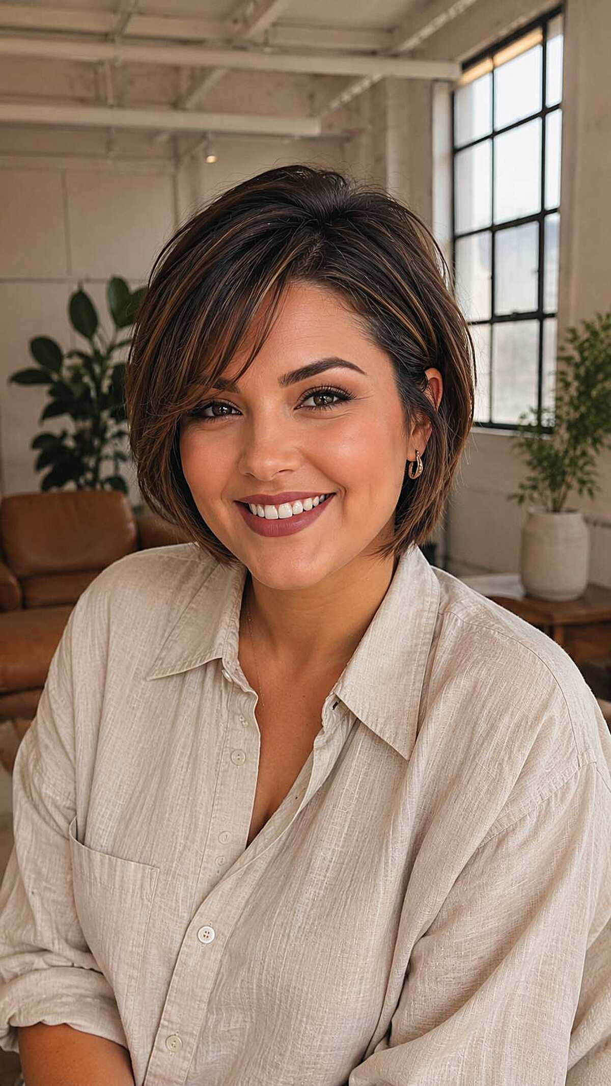 Short layered bob with warm highlights and side-swept bangs