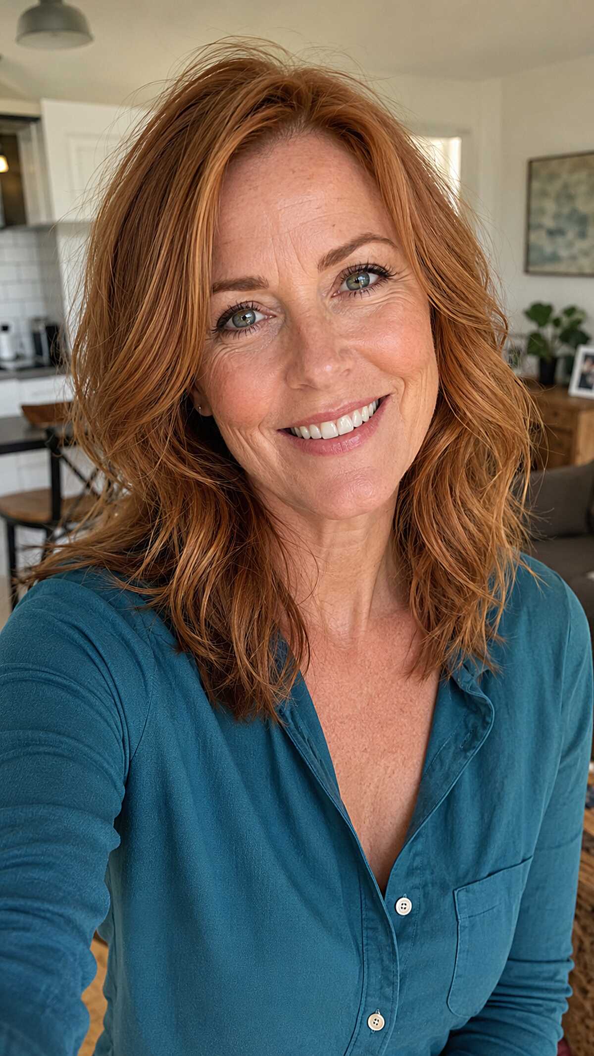 Warm Strawberry Copper Waves with a Loose Center Part