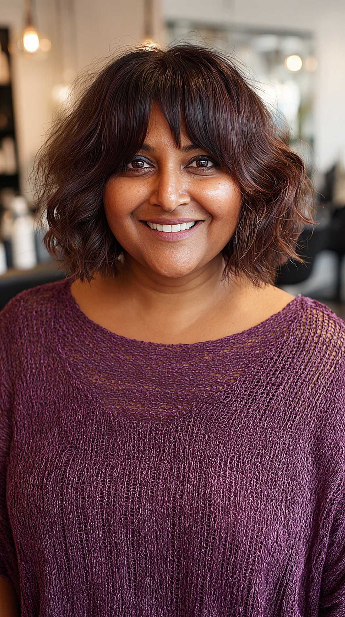 Wavy Chin-Length Bob with Curtain Bangs in Warm Espresso