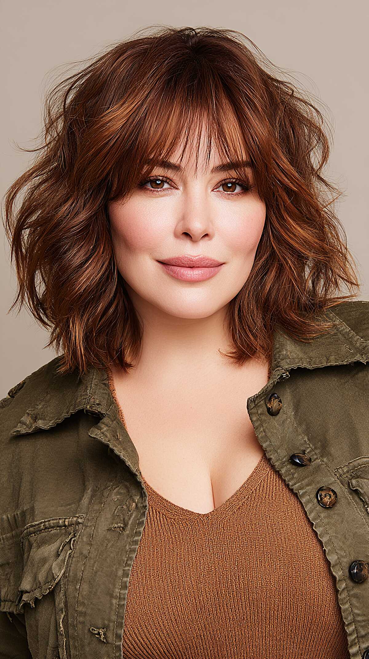 Wavy Chin-Length Shag with Copper-Kissed Brunette Tones
