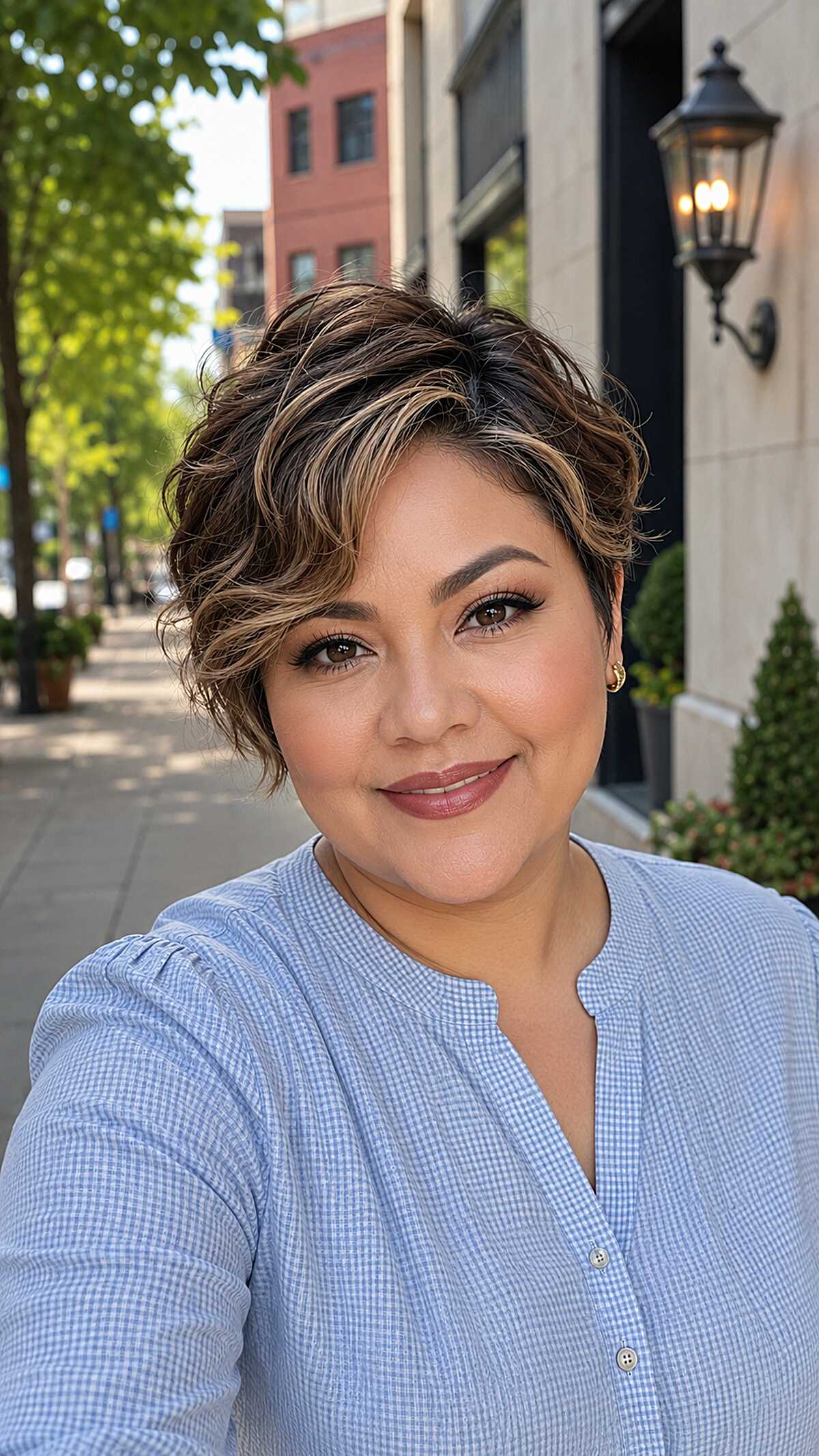 Short wavy pixie crop with caramel highlights