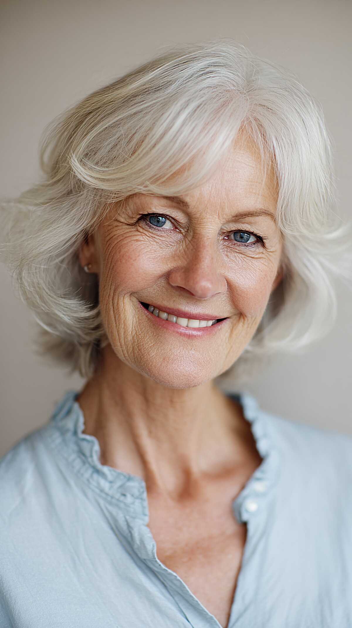 White Silver Chin-Length Layers with Side-Swept Volume