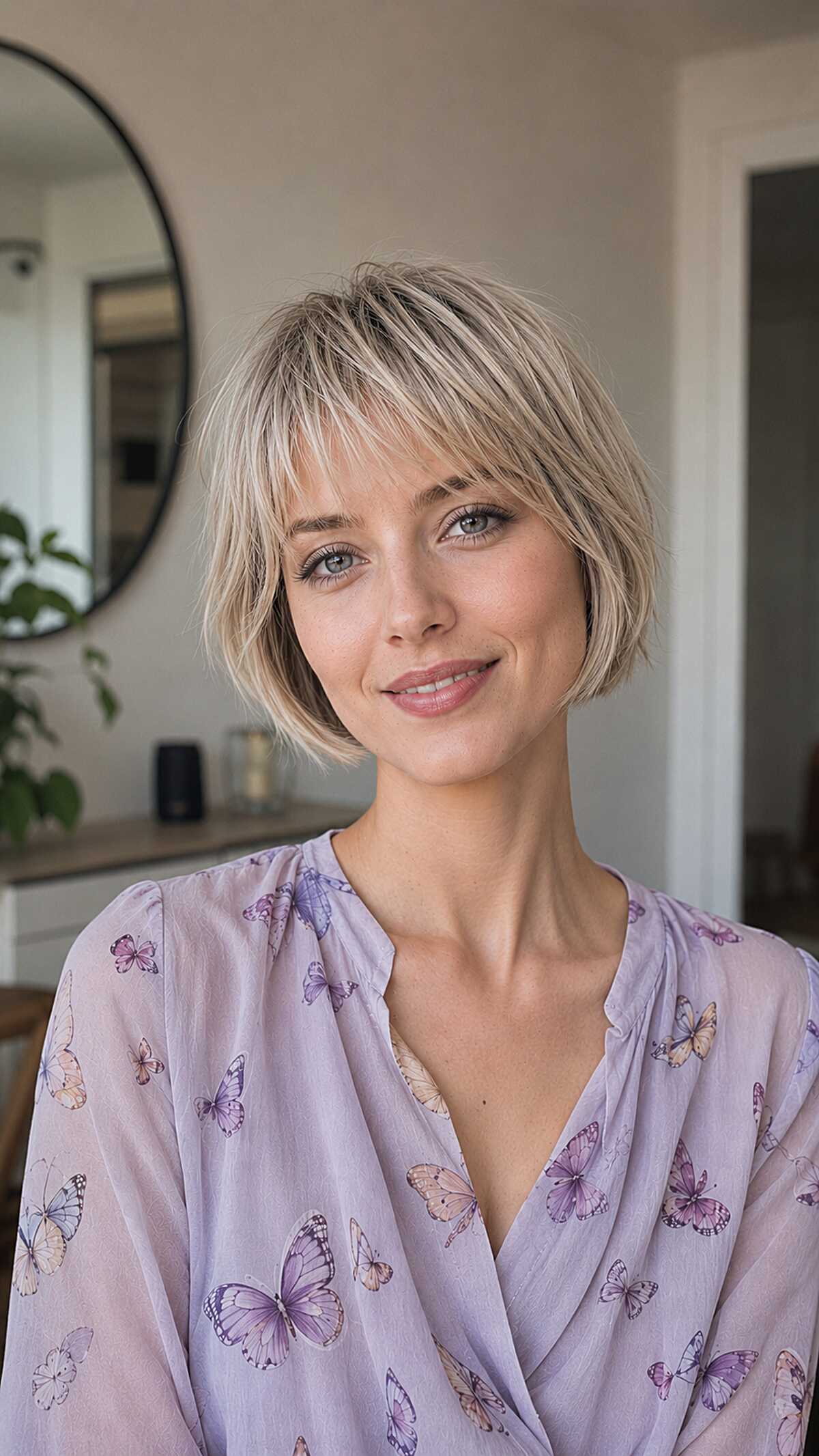 Ash blonde chin bob with soft razored edges and bangs