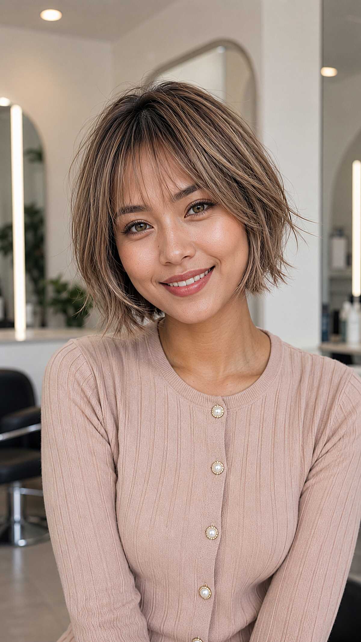 Ash bronde short bob with choppy razor-cut layers