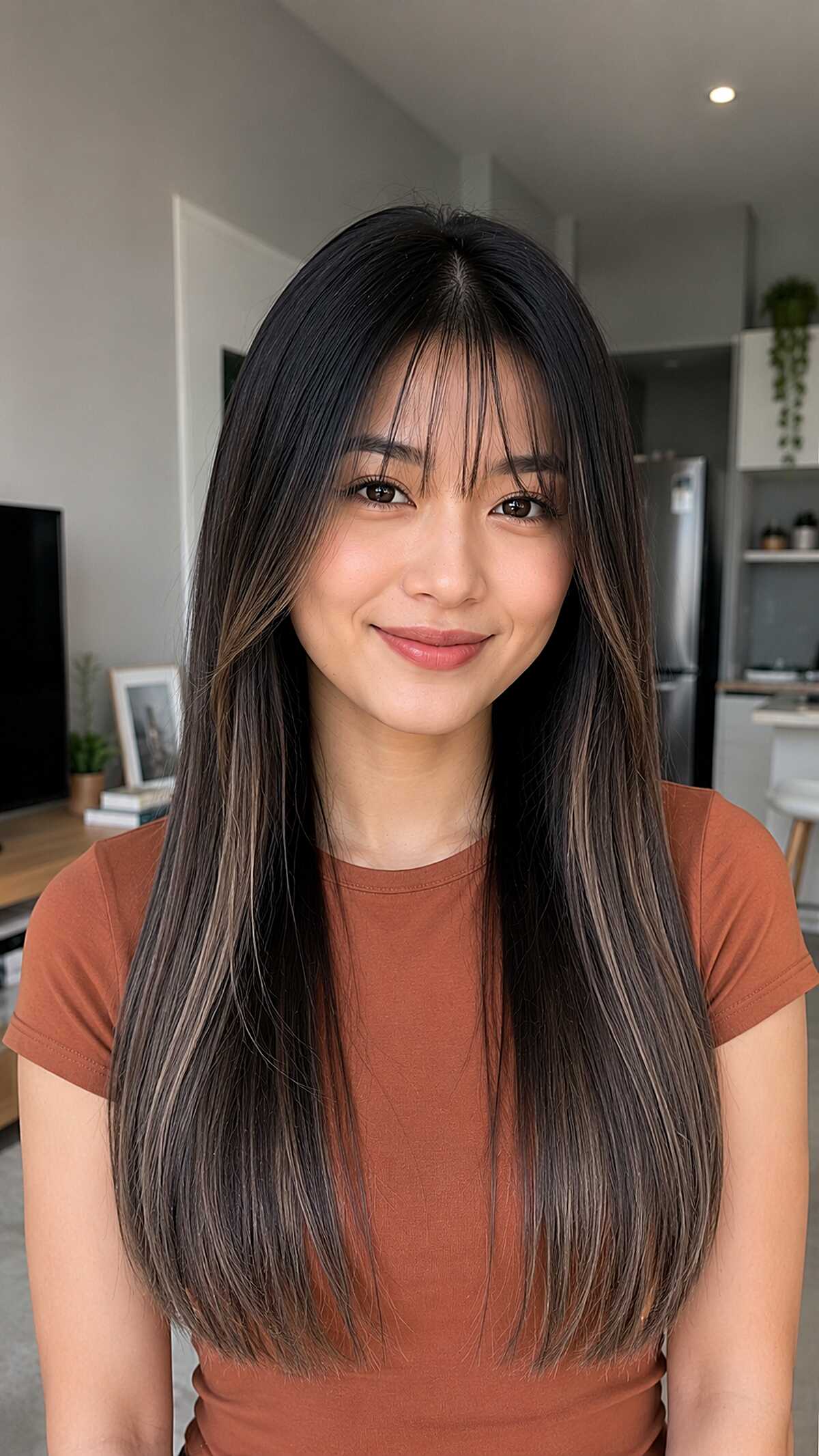 Ash Mushroom Streaks on Sleek Long Black Hair with Wispy Bangs