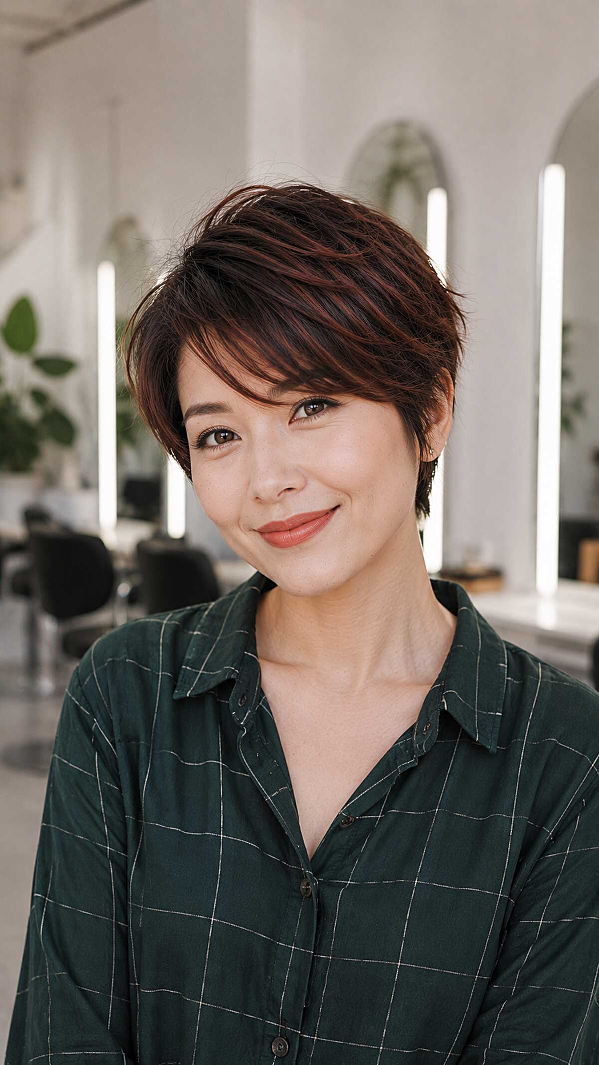 Auburn pixie cut with warm red undertones and layers