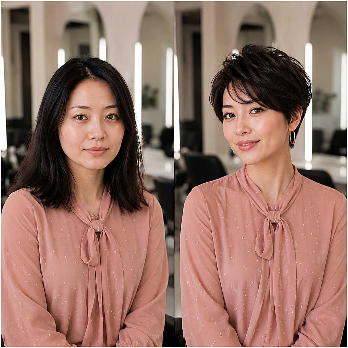 Before and after from long dark hair to razored pixie