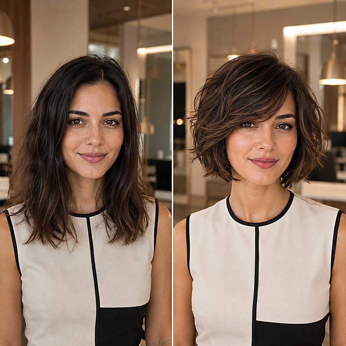 Before and after from long hair to short wavy layered bob