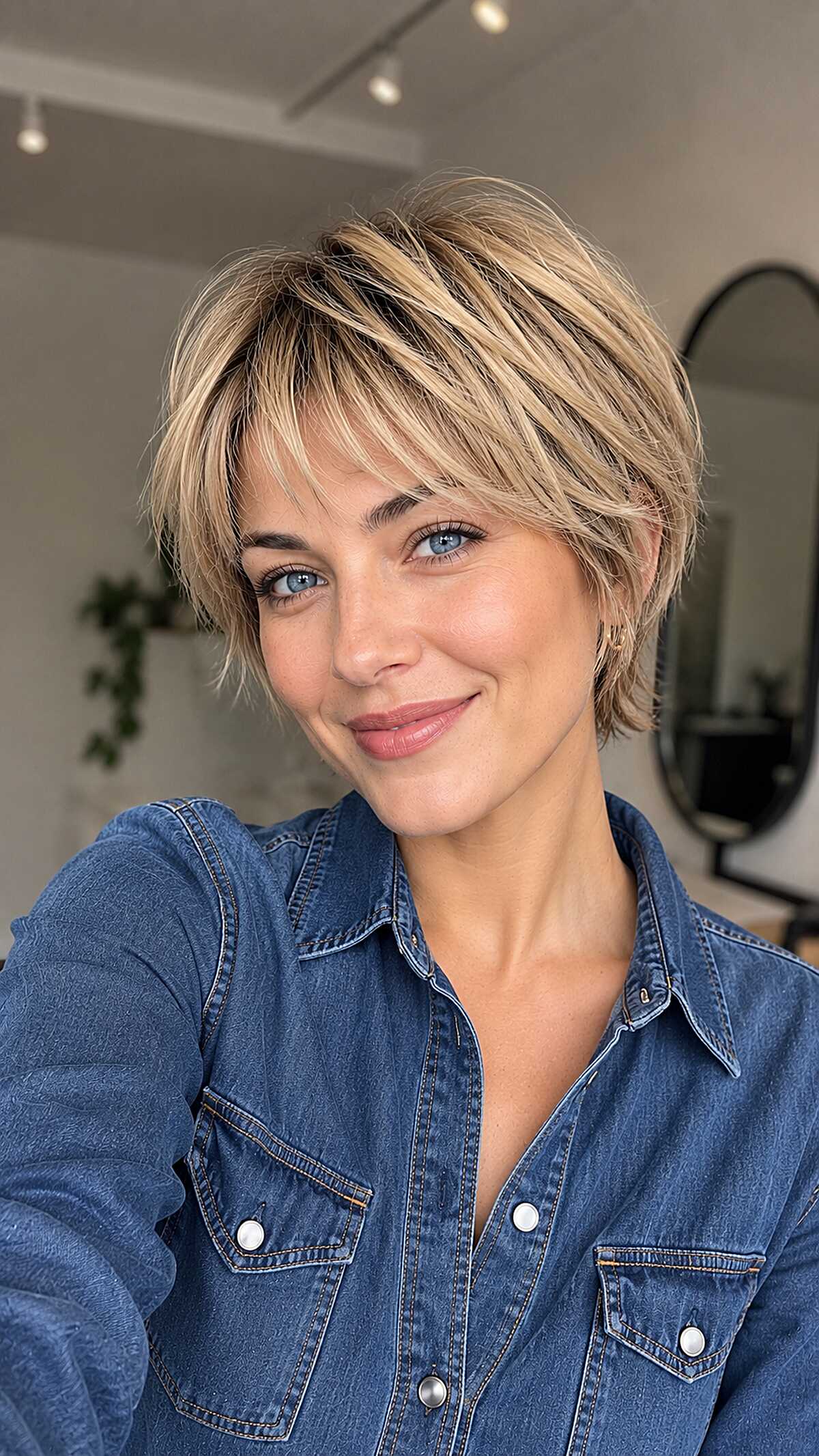Blonde dimensional pixie bob with layered side sweep