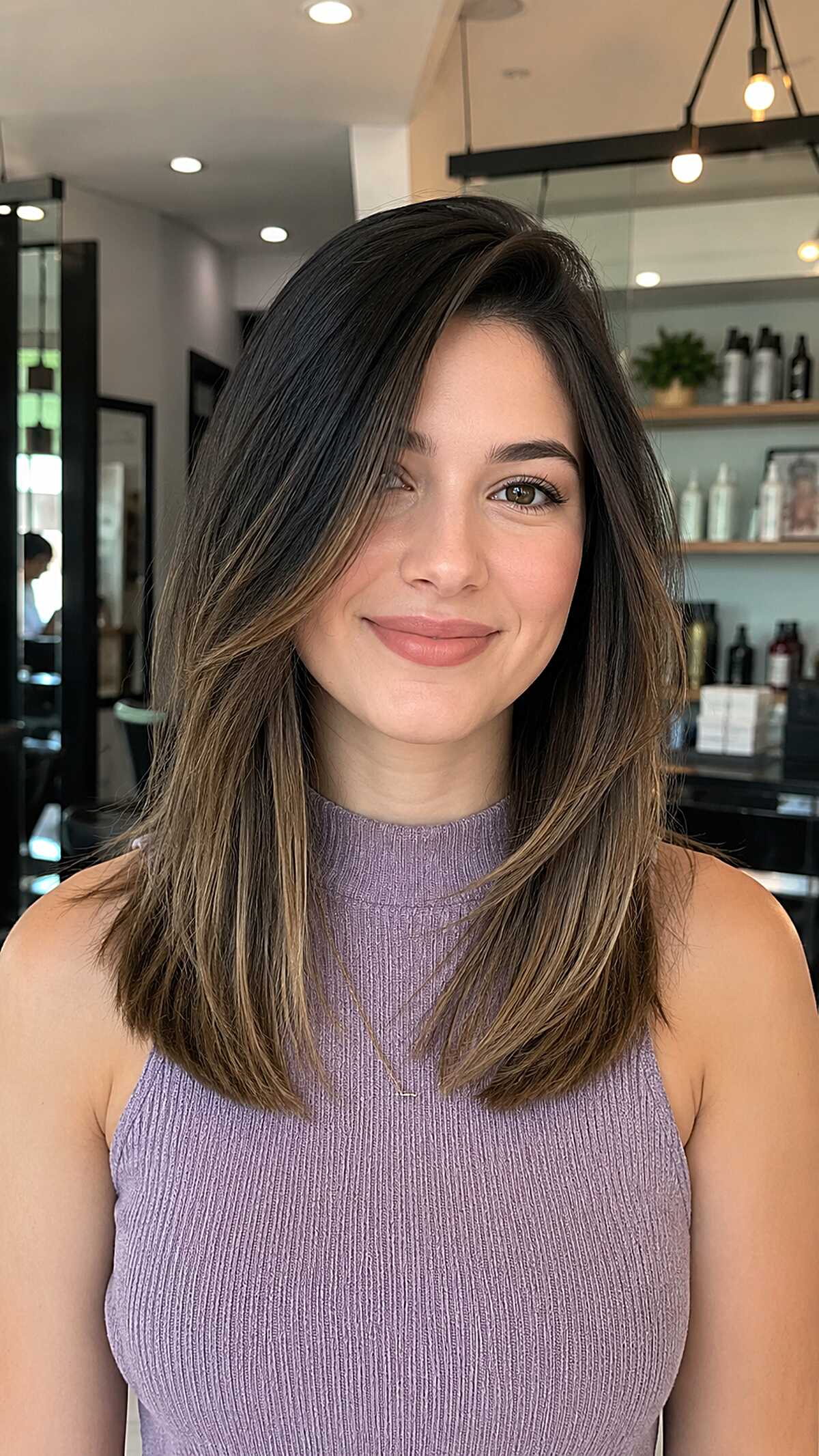 Bronzed Underlayer Balayage on a Straight Collarbone-Length Cut