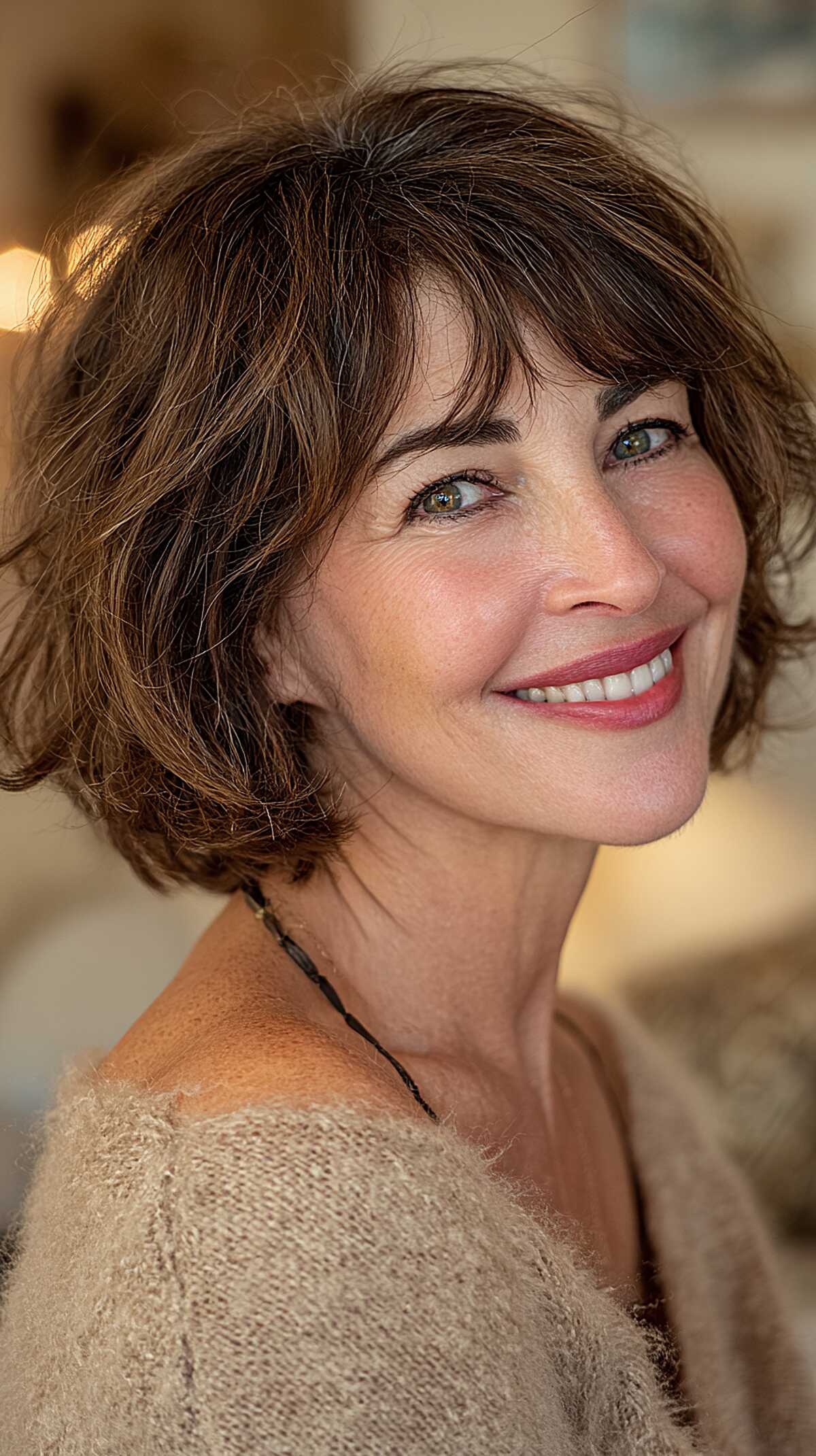 Brunette Chin-Length Feathered Bob with Wispy Curtain Bangs