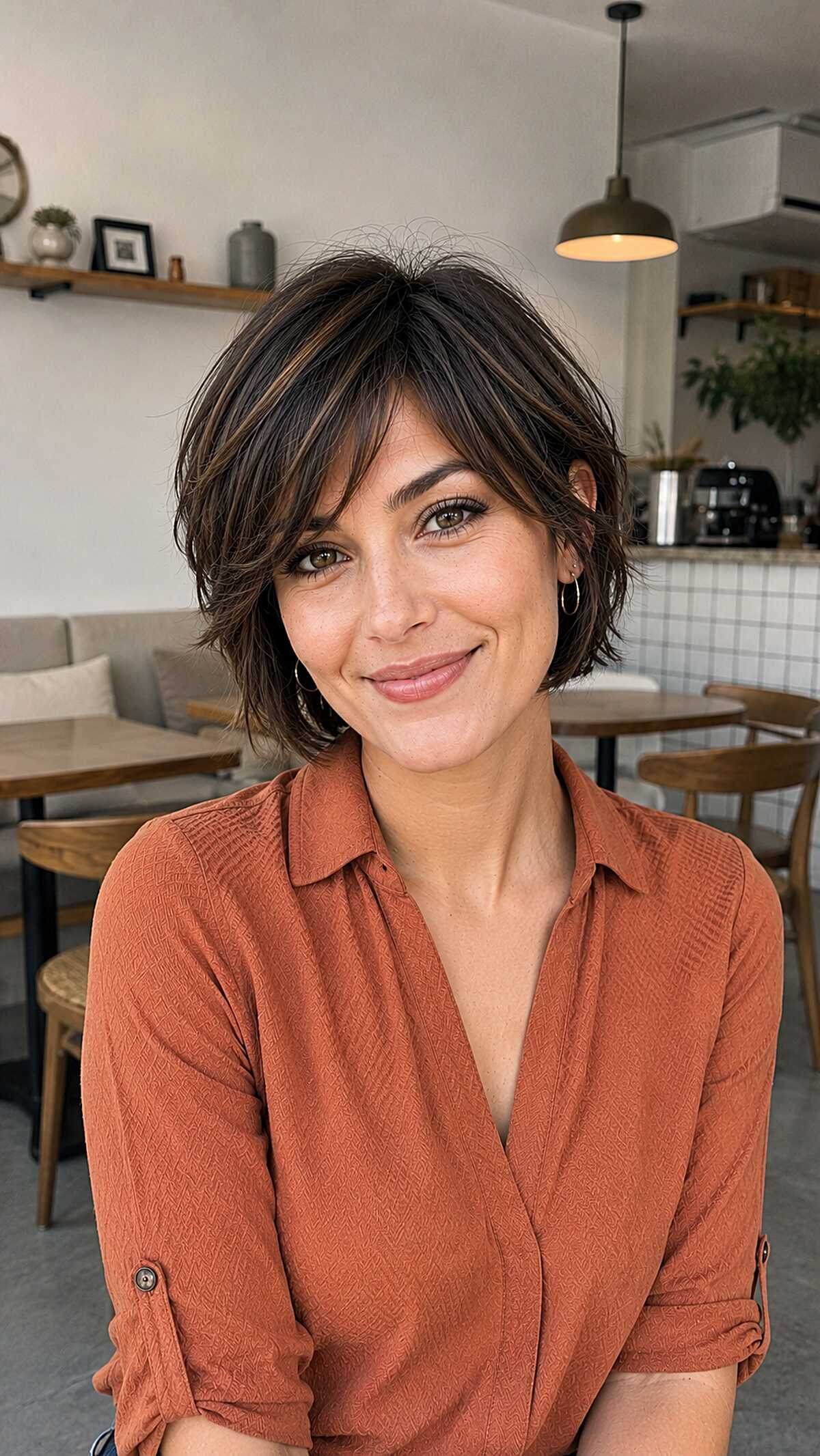 Brunette chin-length razor bob with curtain bangs