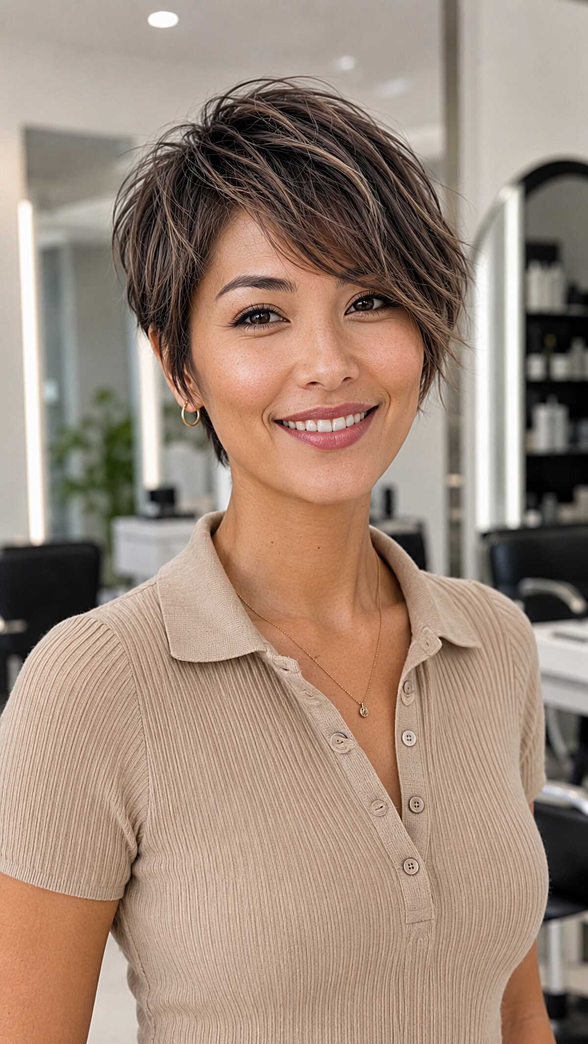 Short brunette pixie with highlights and side-swept layers