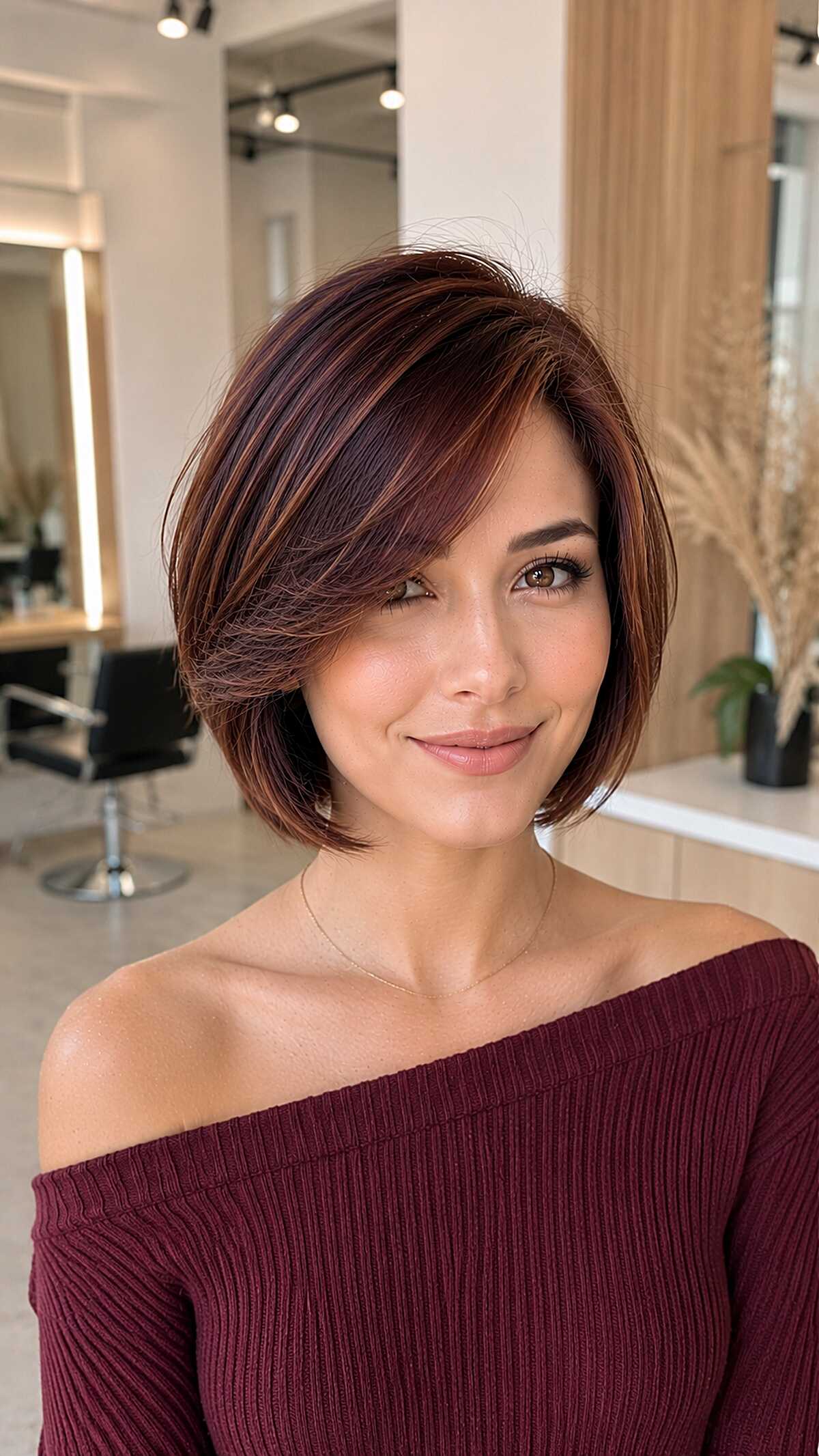 Short sleek burgundy bob with side-swept wispy bangs