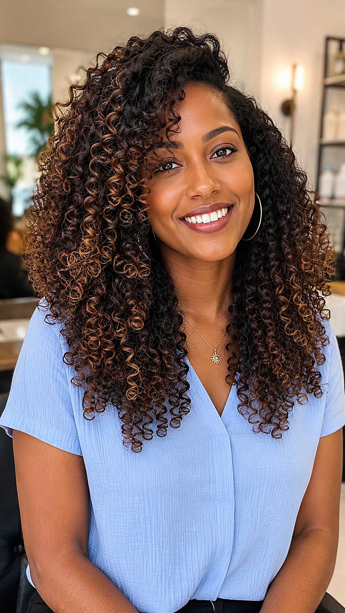 Caramel Coil Highlights on Long High-Density Natural Curls
