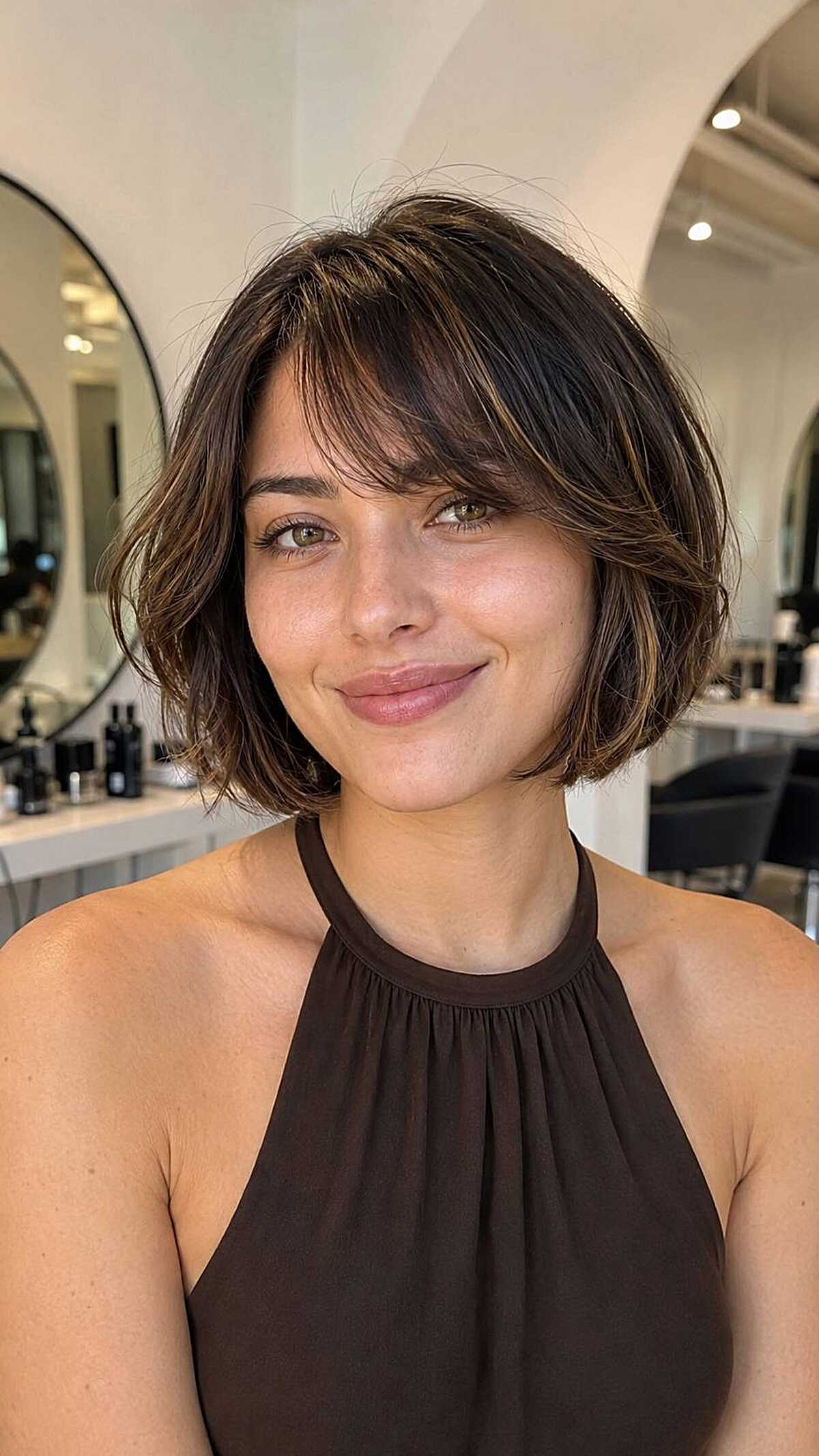 Chin-length messy brown bob with French-style side bangs