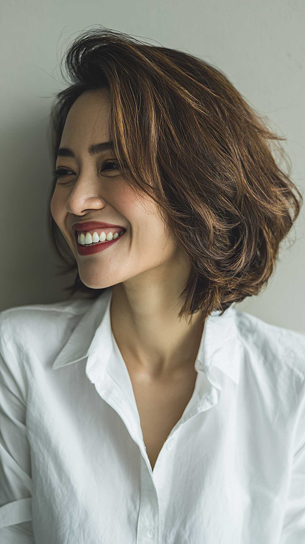 Chocolate Brown Feathered Bob with Caramel Ribbon Highlights