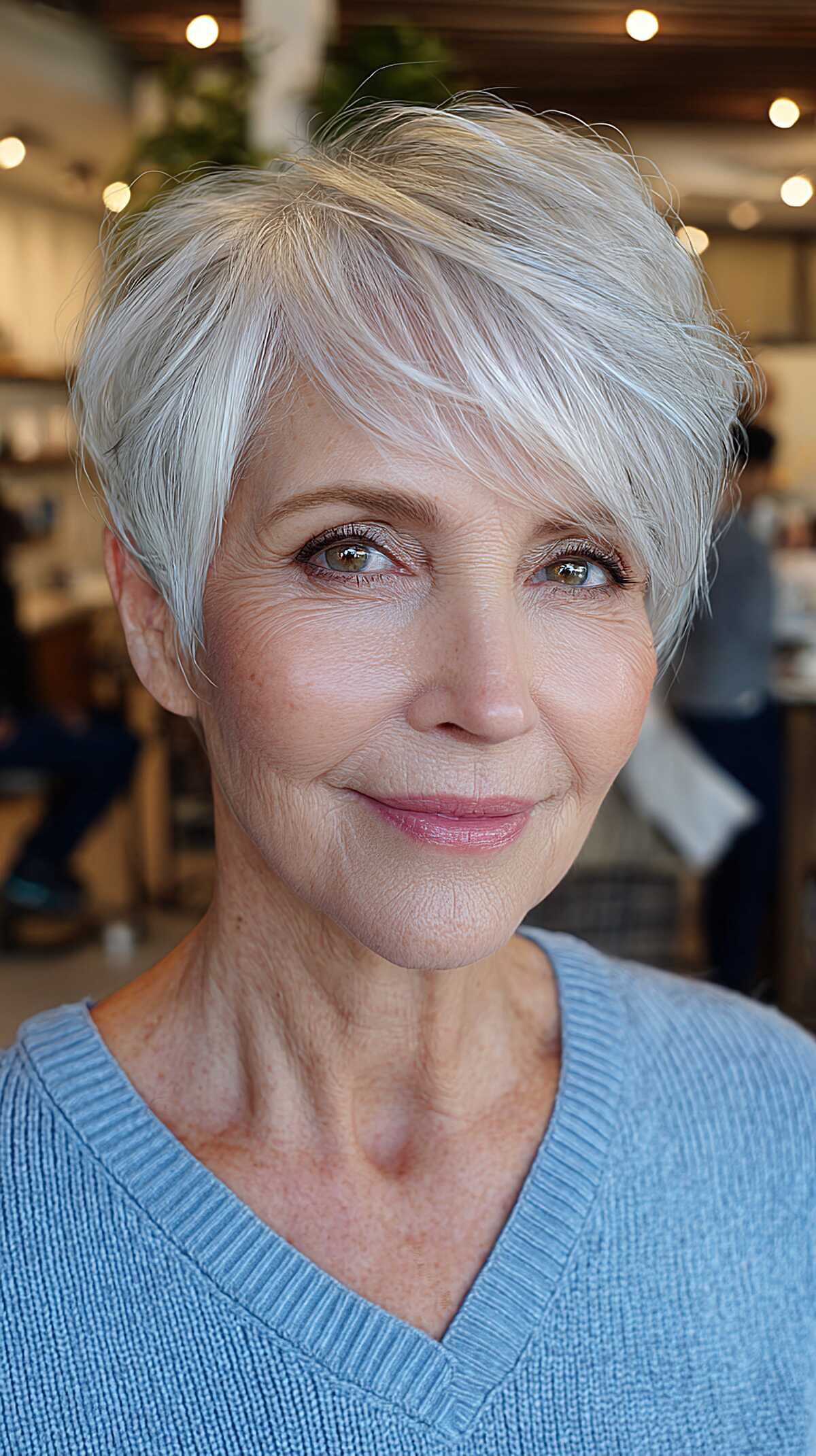 Classic silver pixie with tapered sides and soft fringe