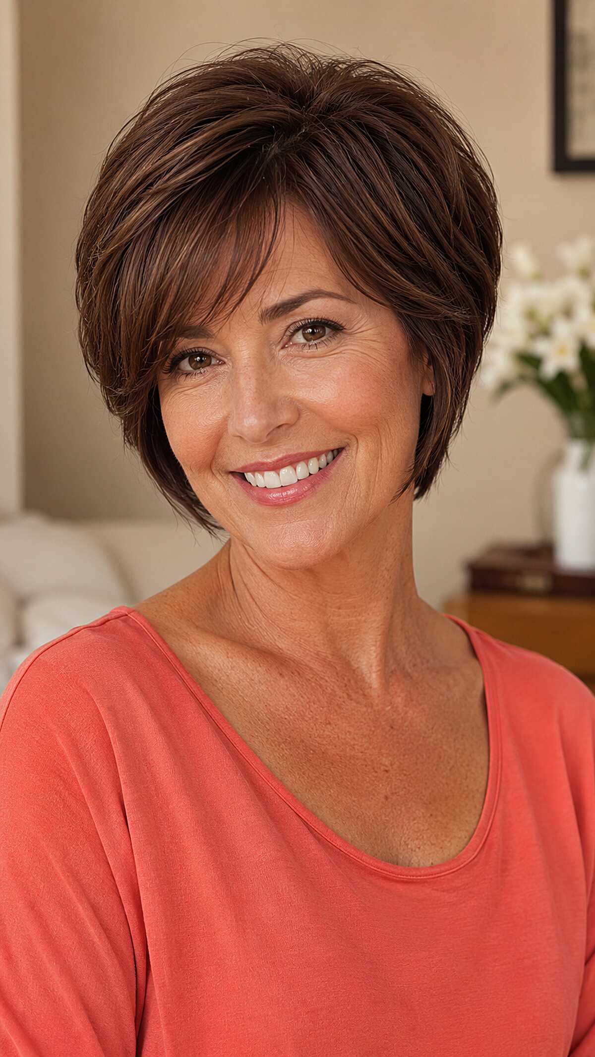 Cocoa Brown Side-Swept Crop With Feathered Nape
