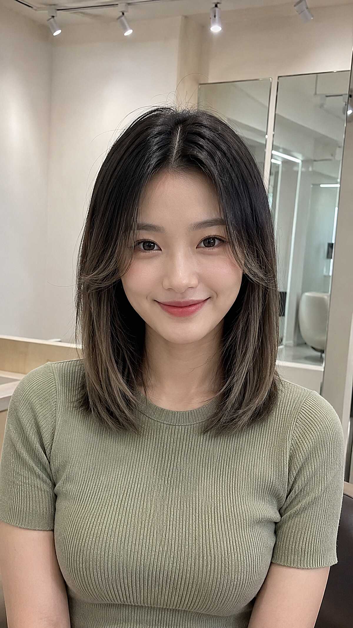 Cool Ash Brown Balayage on a Medium Straight Lob with Center-Parted Layers