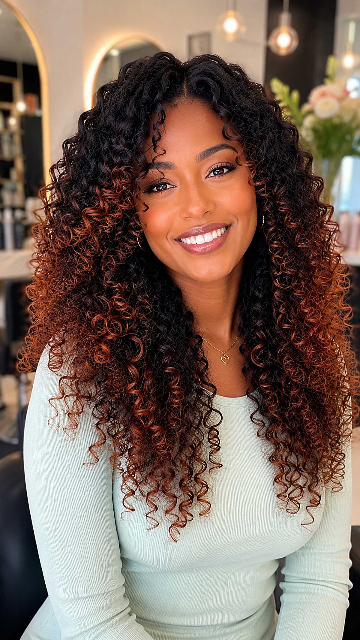Copper Burnout Balayage on Long Dense Curls