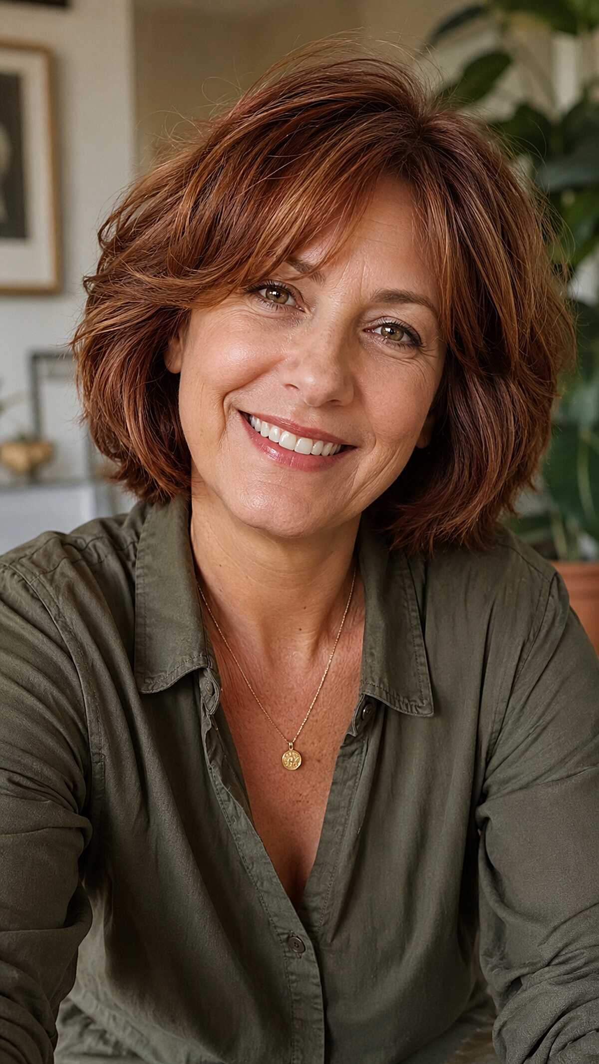 Copper-Red Chin-Length Bob with Feathered Layers and Soft Fringe
