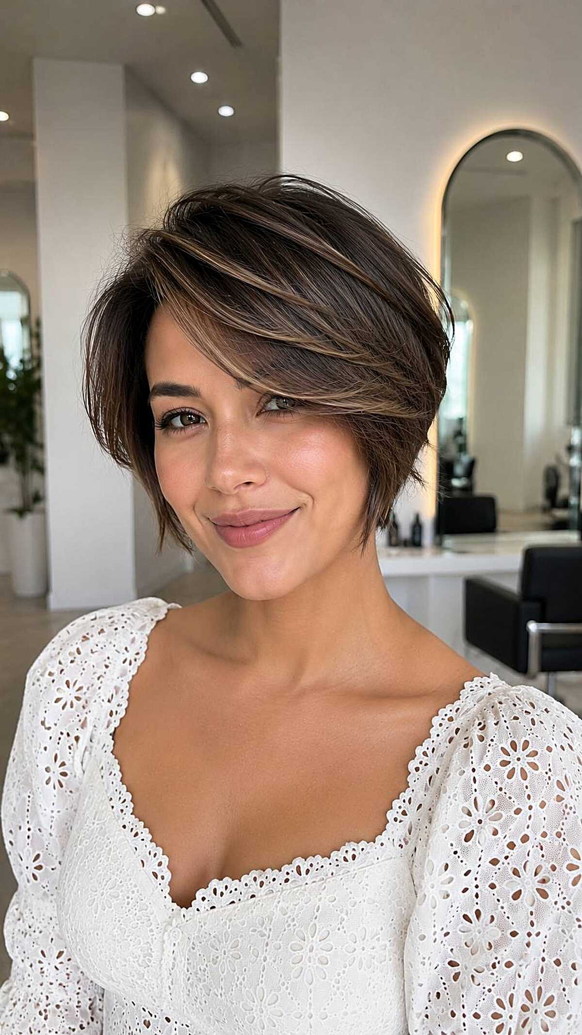 Short brunette pixie-bob with caramel highlights and bangs