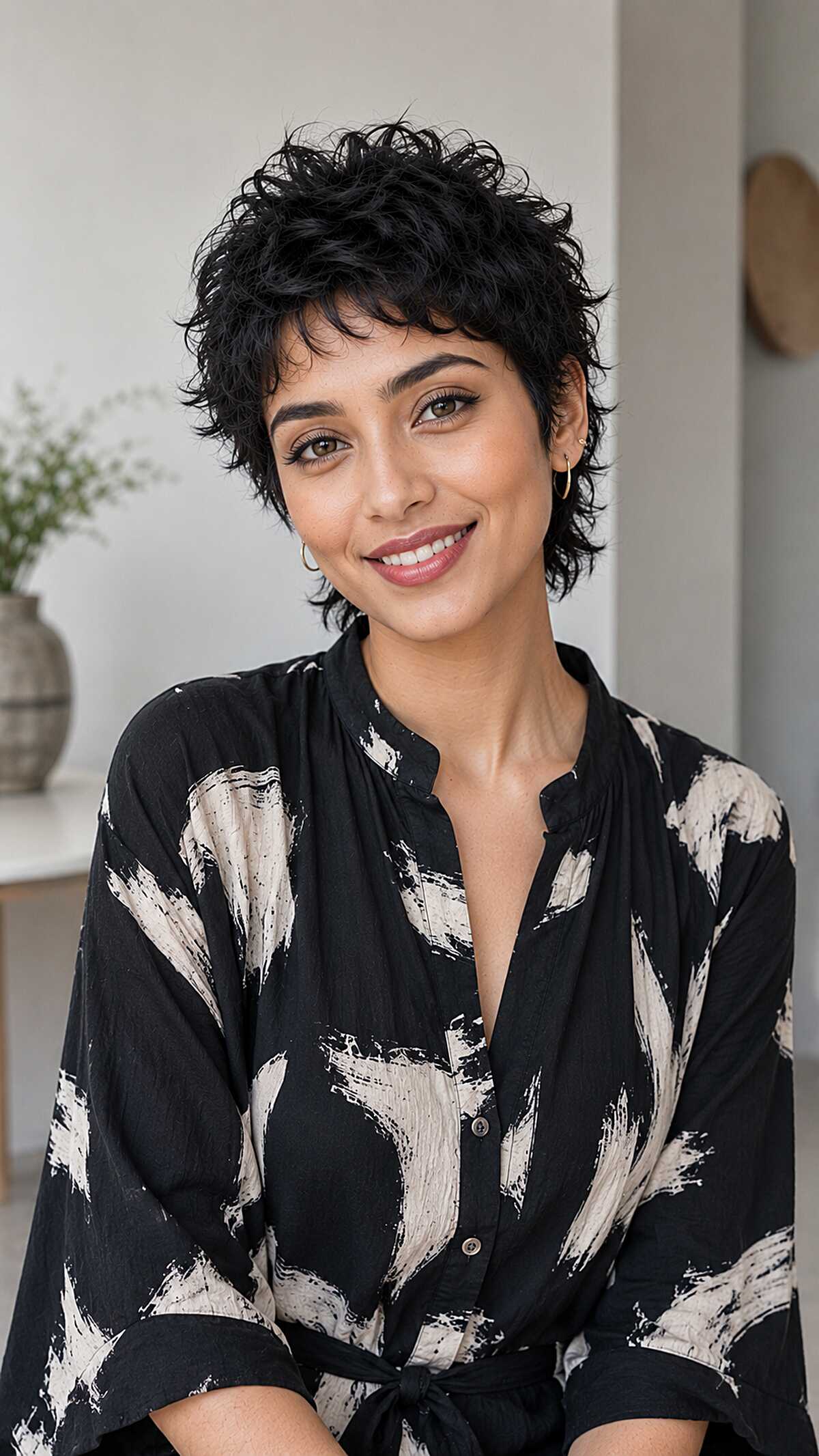 Curly black short razor pixie with natural texture