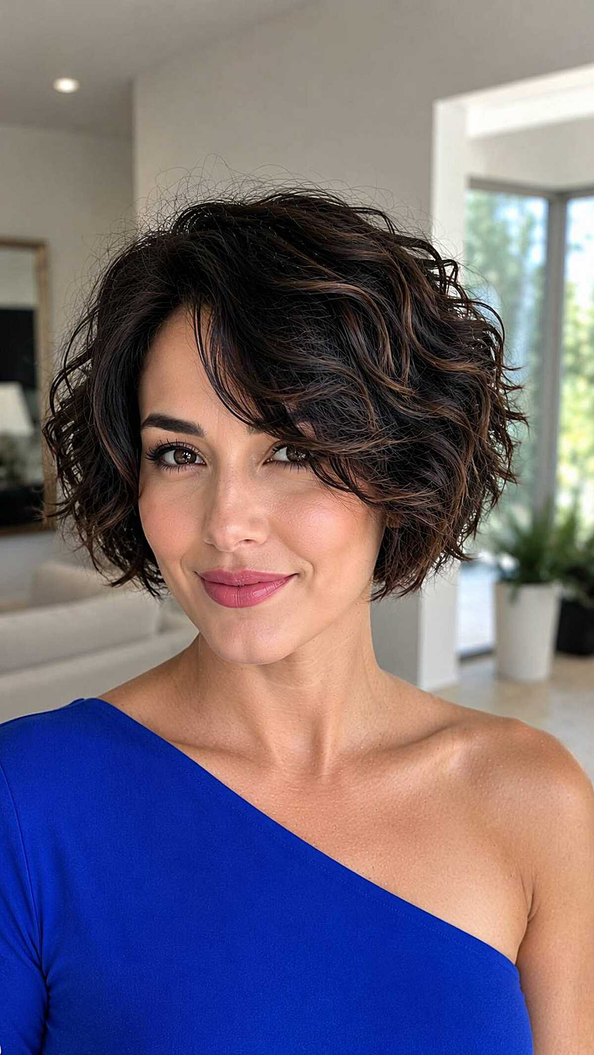 Curly dark brown bob with side-swept bangs and volume