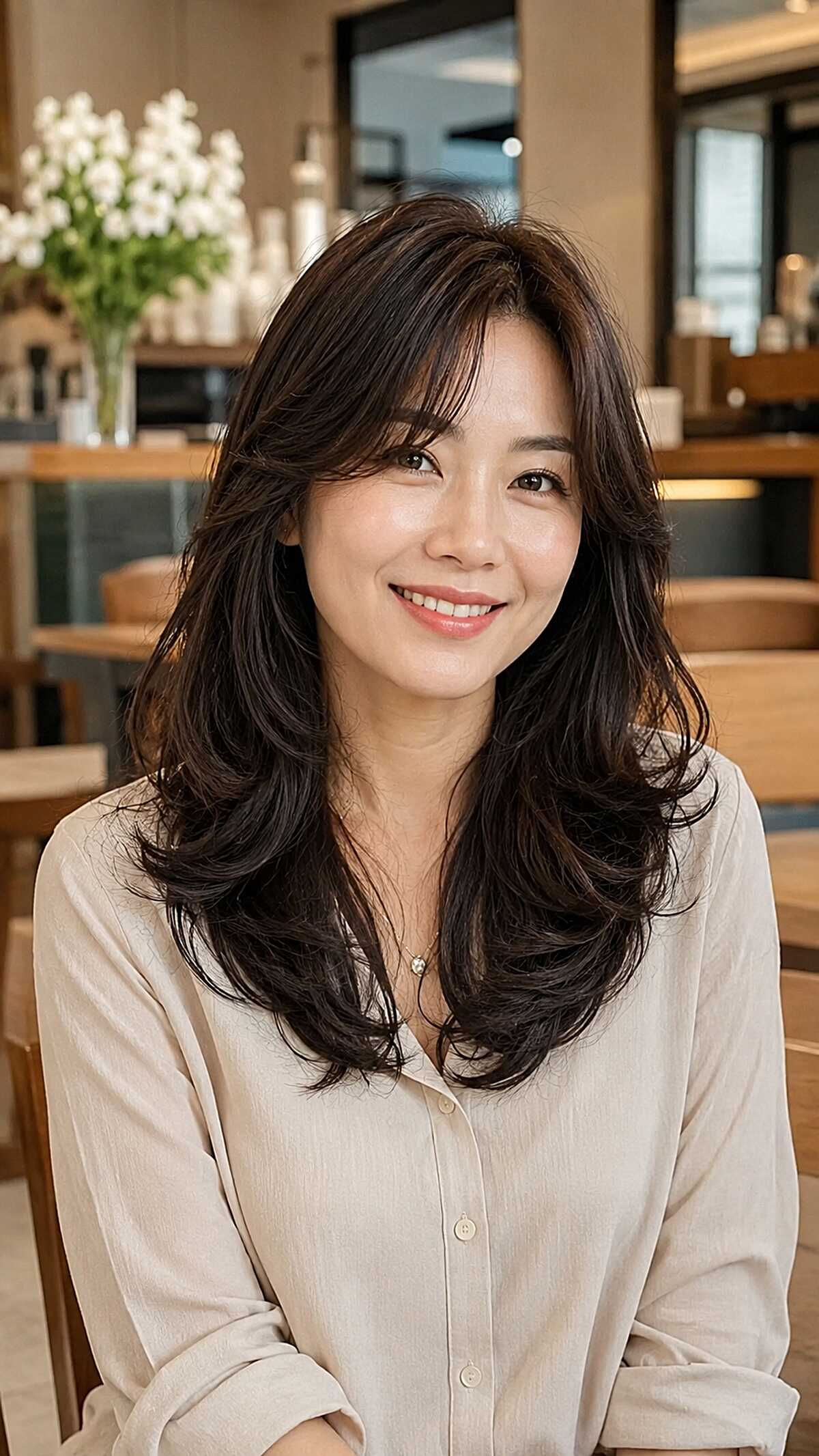 Dark Bouncy Butterfly Cut with Curled Ends and Bangs