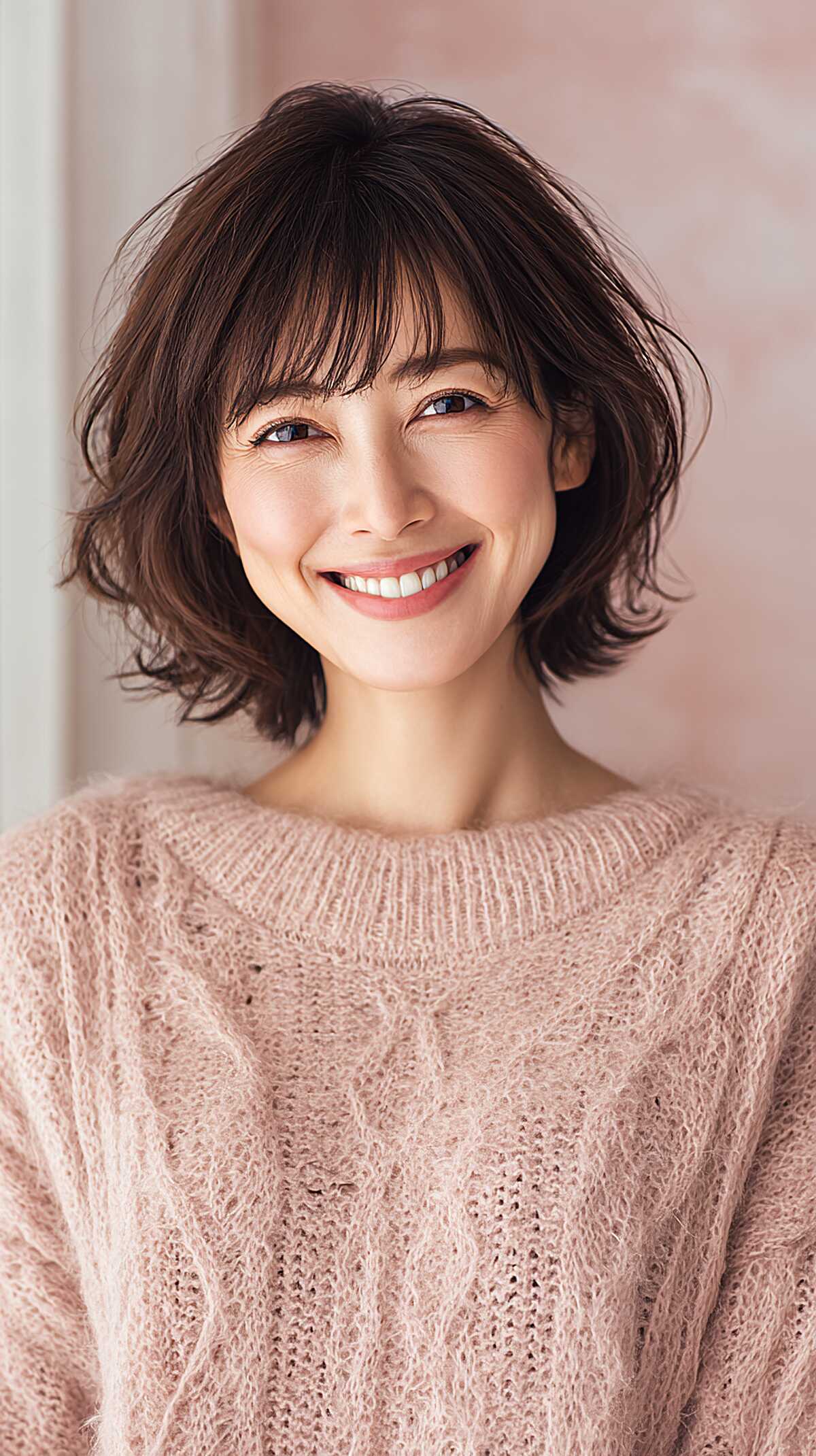 Dark Brown Feathered Bob with Soft Bangs and Playful Volume