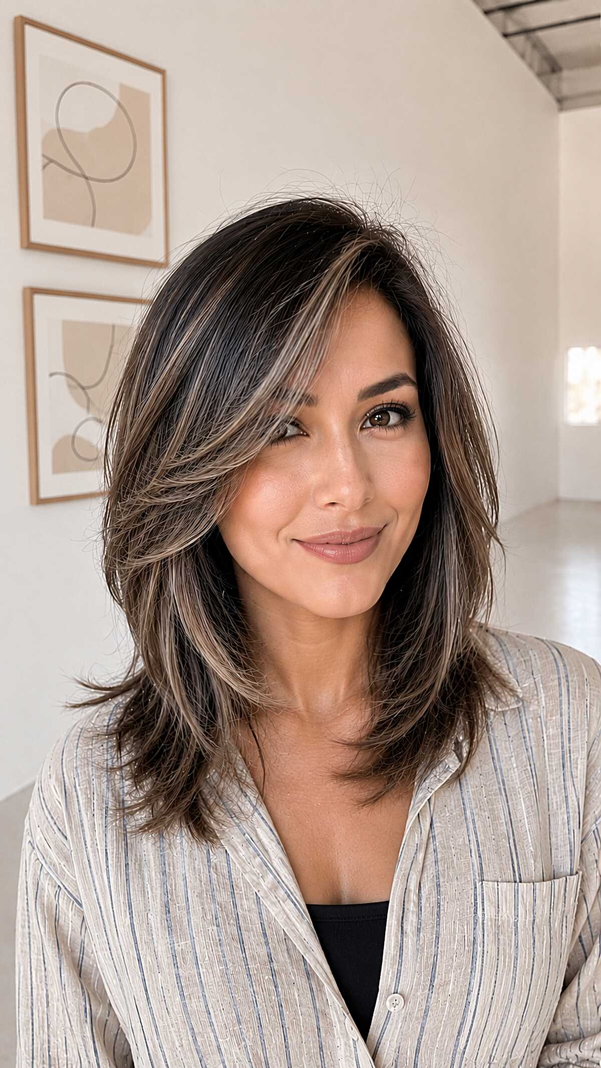Dark layered lob with silver highlights and side-swept bangs
