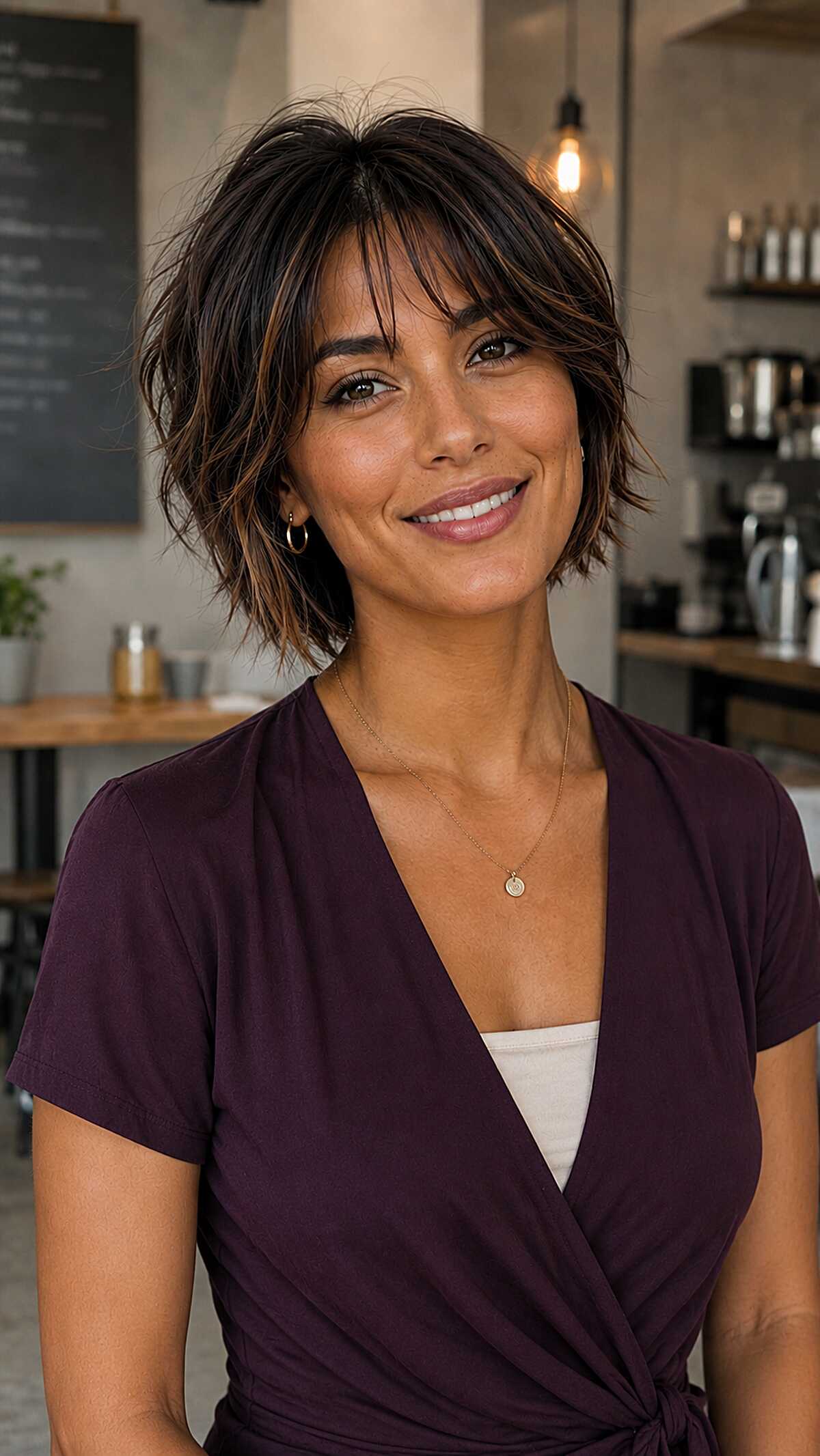 Dark brown choppy razored bob with subtle warm tones