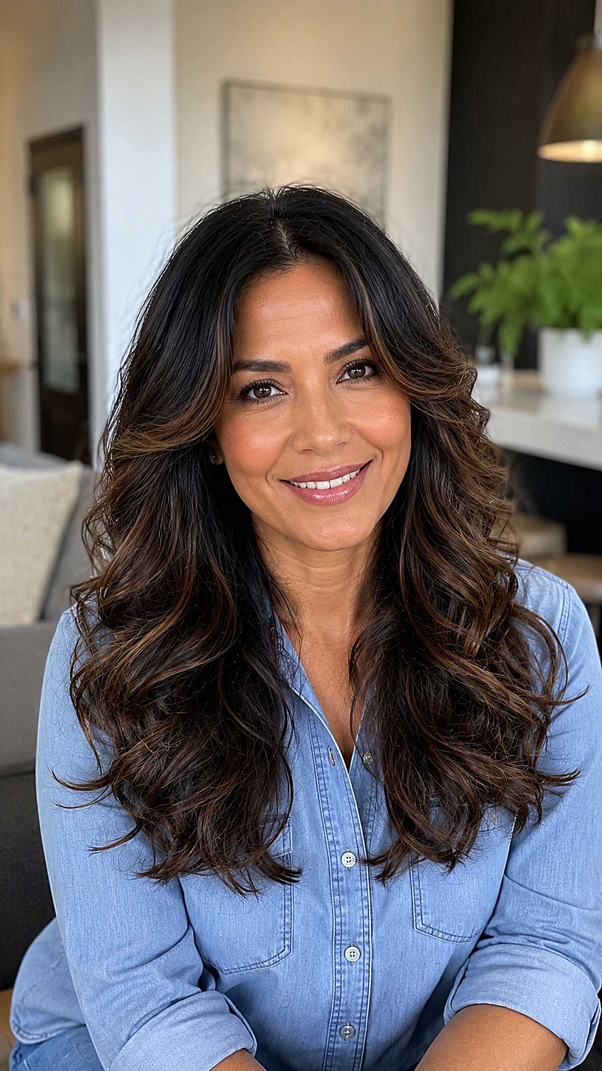 Dark Mocha Balayage on Long Voluminous Waves