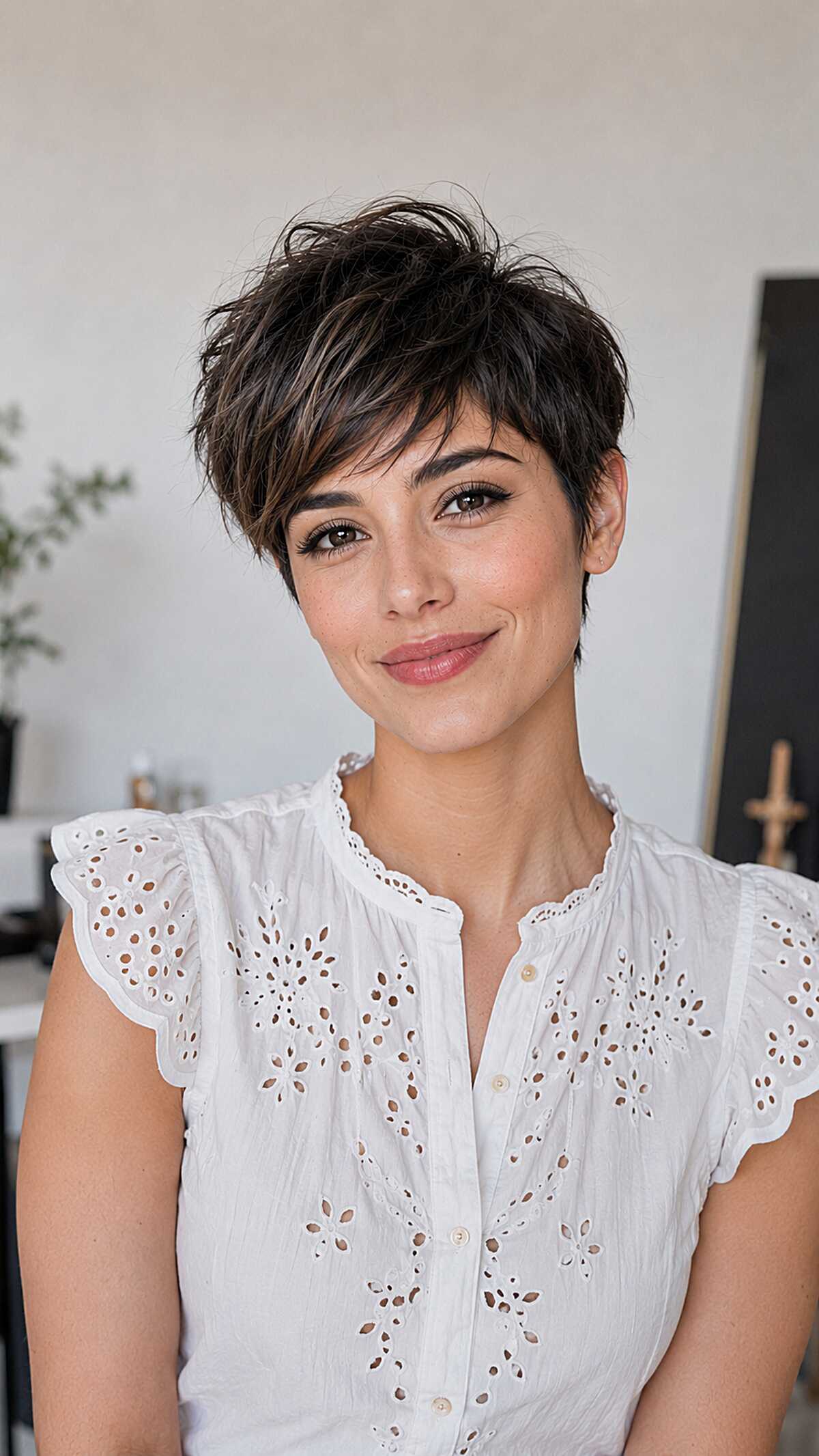 Dark brown piecey textured pixie with short fringe
