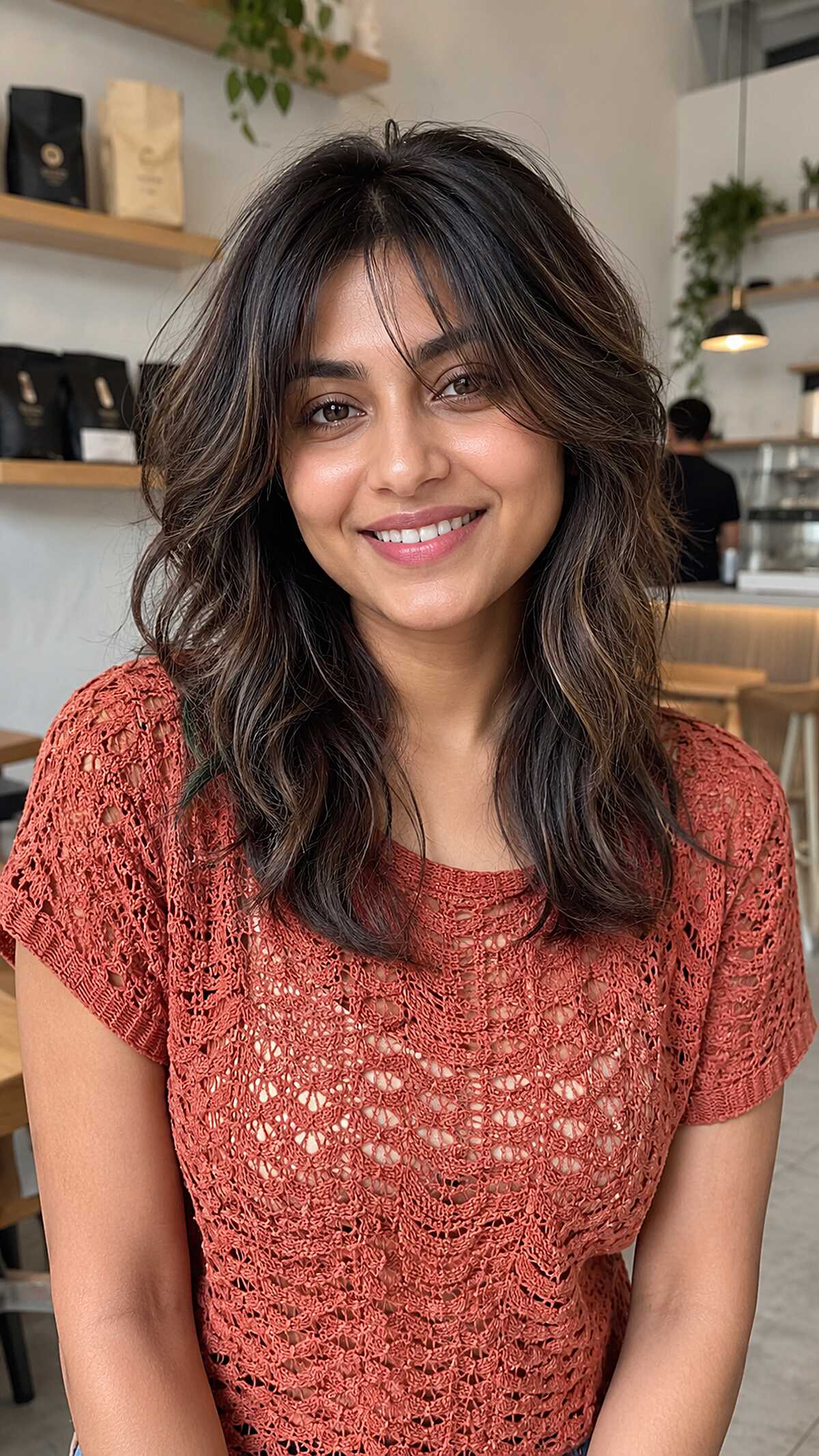Dark Toffee Balayage on a Layered Medium Shag with Curtain Fringe