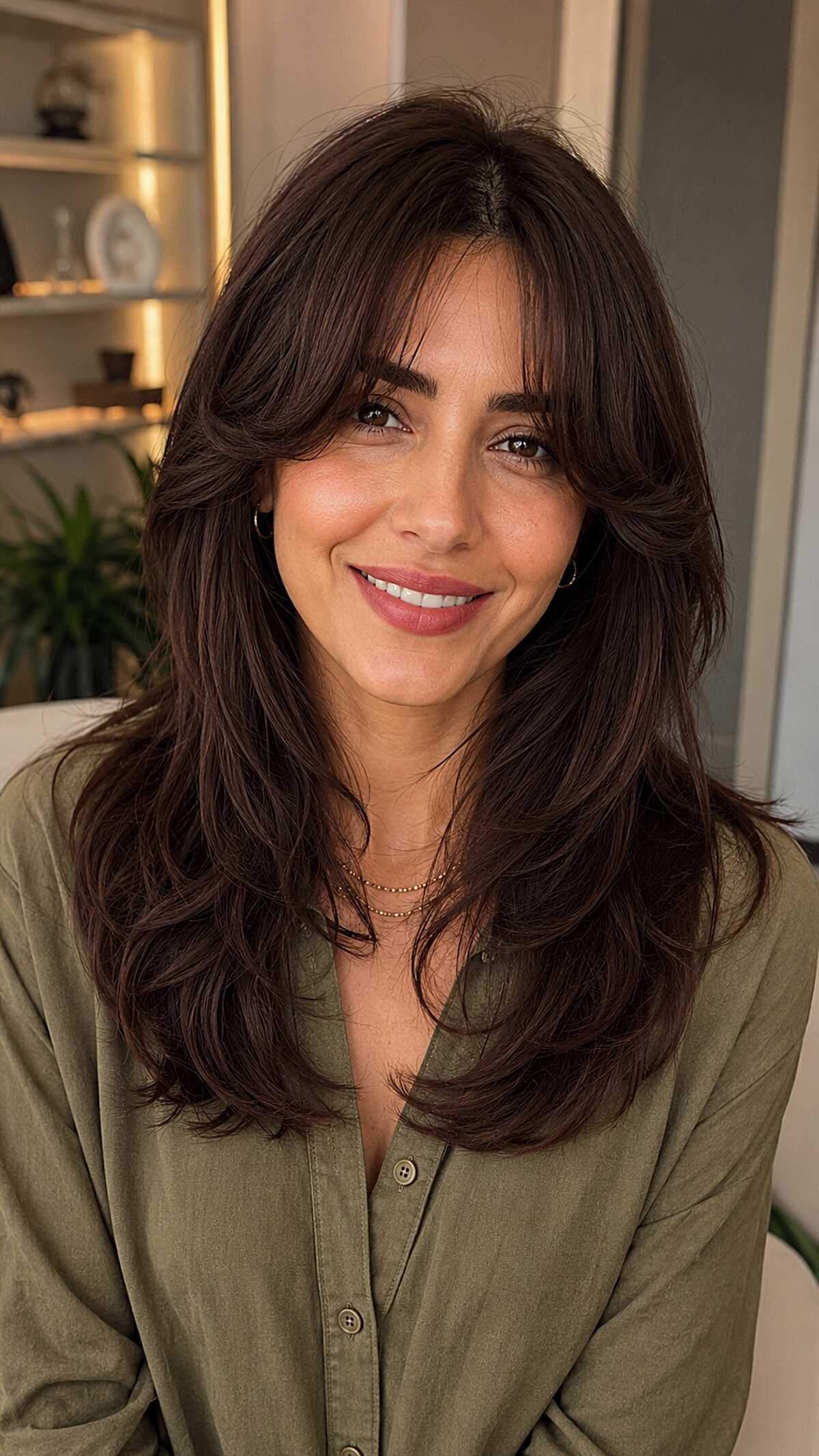 Deep Espresso Butterfly Cut with Soft Curtain Fringe