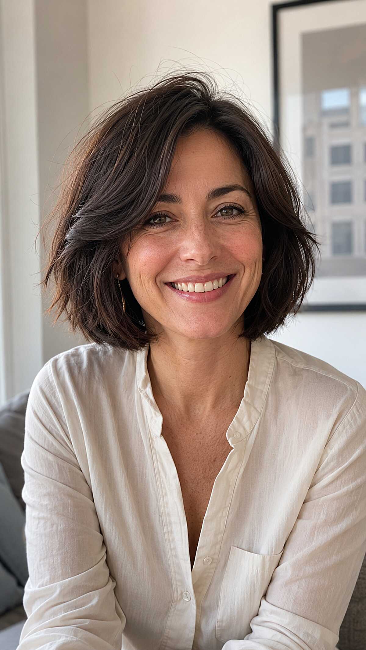 Effortless Dark Brown Bob with Flyaway Feathered Texture