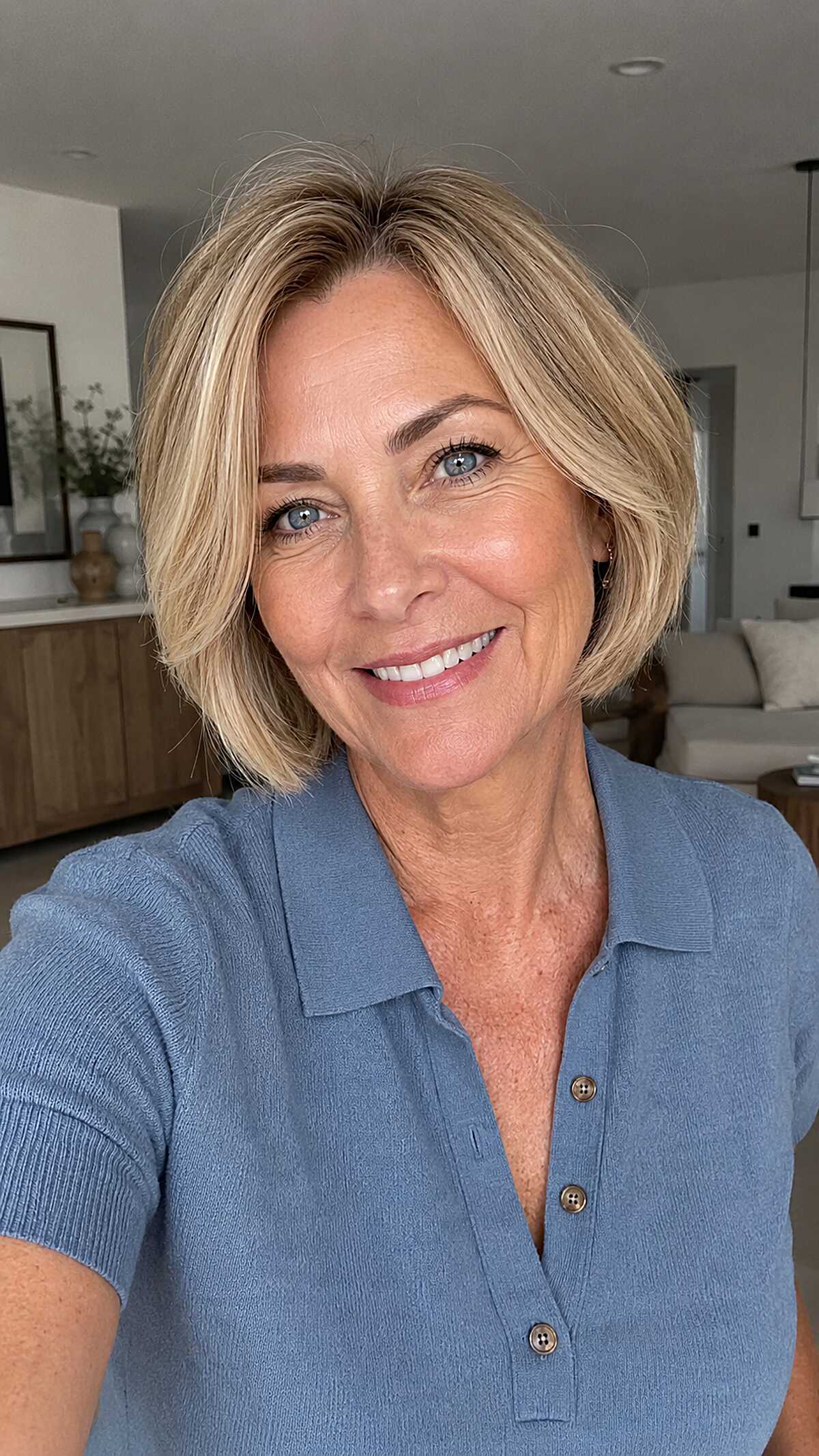 Warm blonde chin-length bob with soft side part
