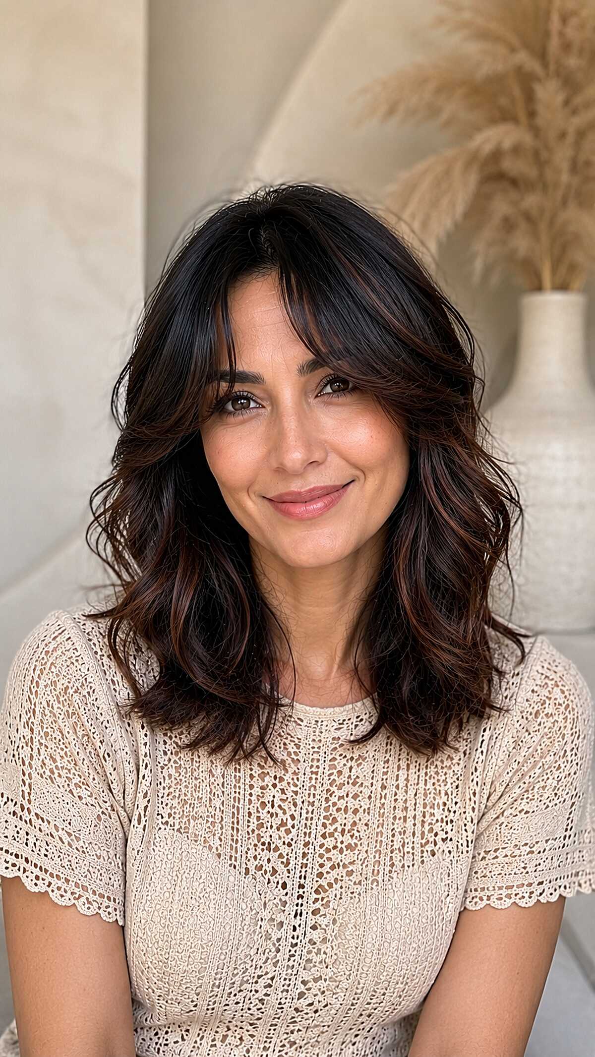 Espresso Lowlight Balayage on a Shoulder-Length Wavy Cut